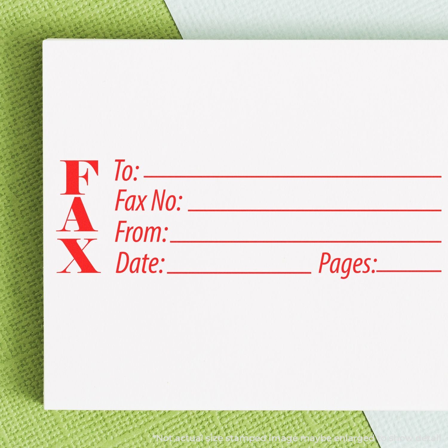 Blank fax cover sheet with red fax header and fields for To, Fax No., From, Date, and Pages on white paper.