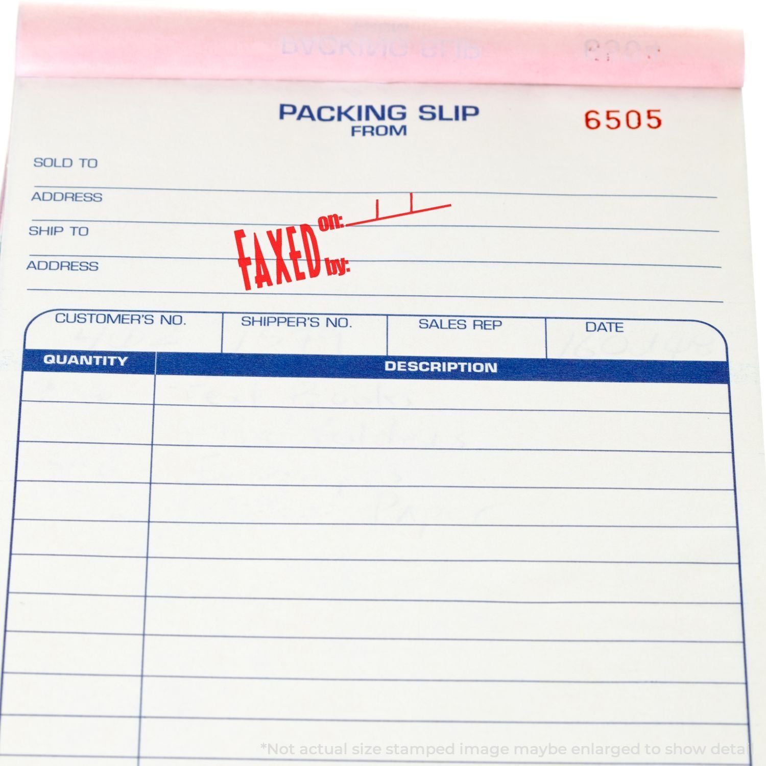 Blank packing slip form with ship-to and address fields, customer and quantity table for shipping orders in warehouse fulfillment, ID 6505