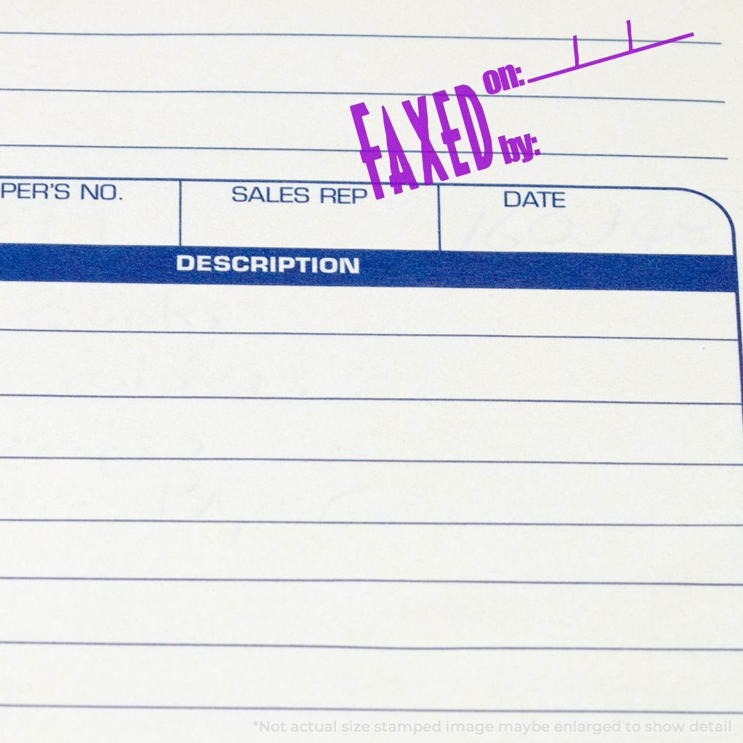 Business form with SALES REP, DATE, and DESCRIPTION fields, featuring a purple approval stamp for document processing.
