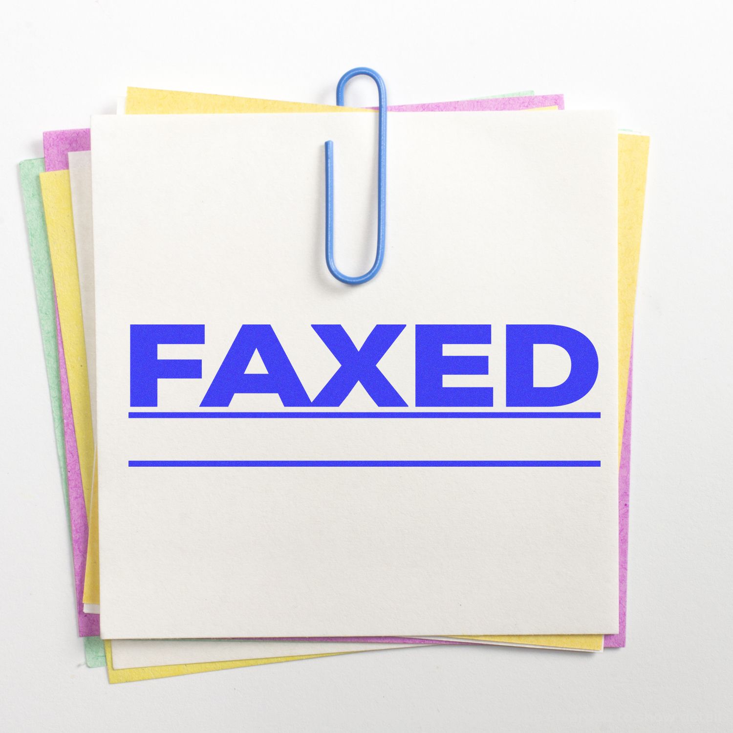 Faxed document stationery with blue paperclip and stacked colorful notes labeled FAXED for fax confirmation context