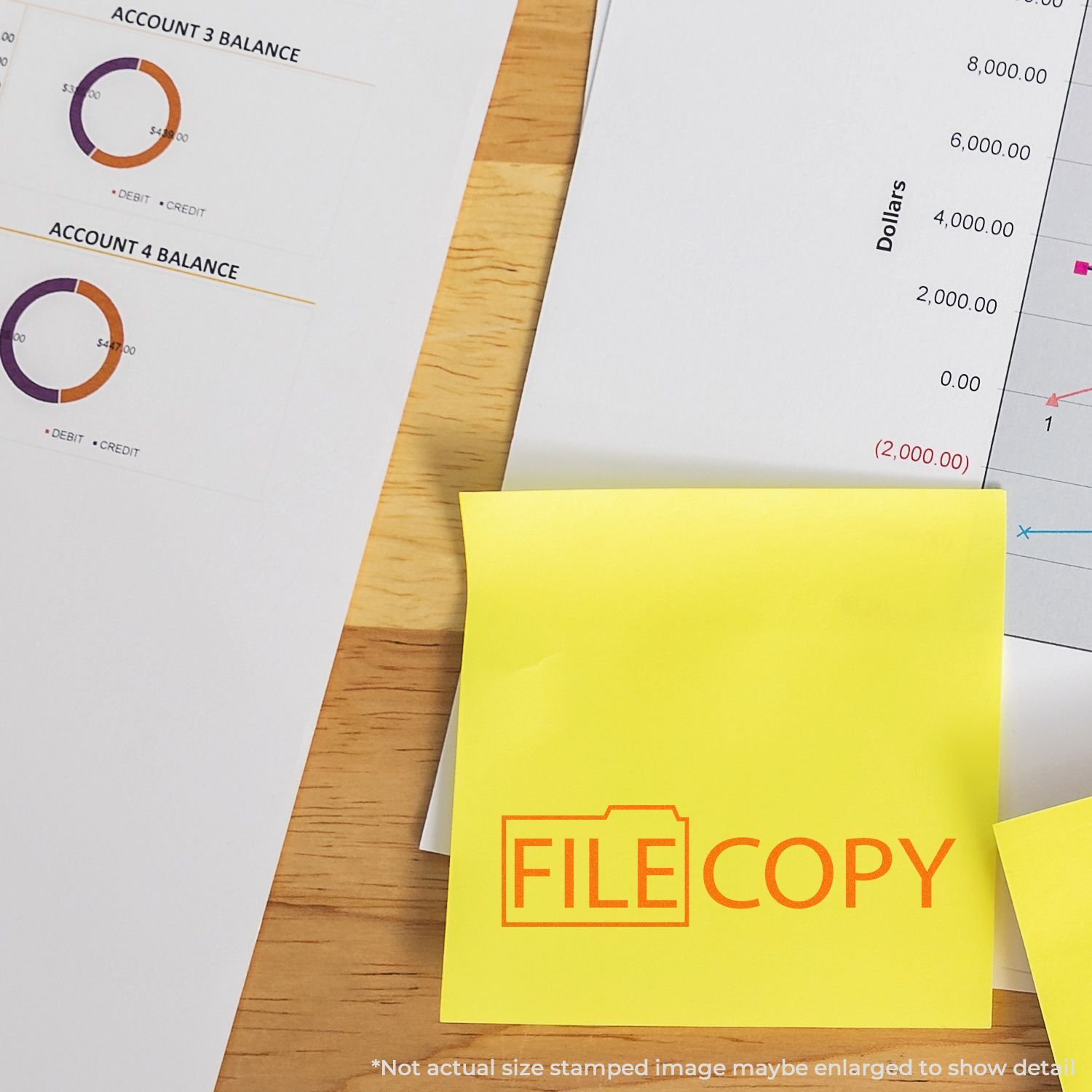 Accounting spreadsheet copy with Account 3 and 4 balance charts and dollar totals, shown beside a FILE COPY note.