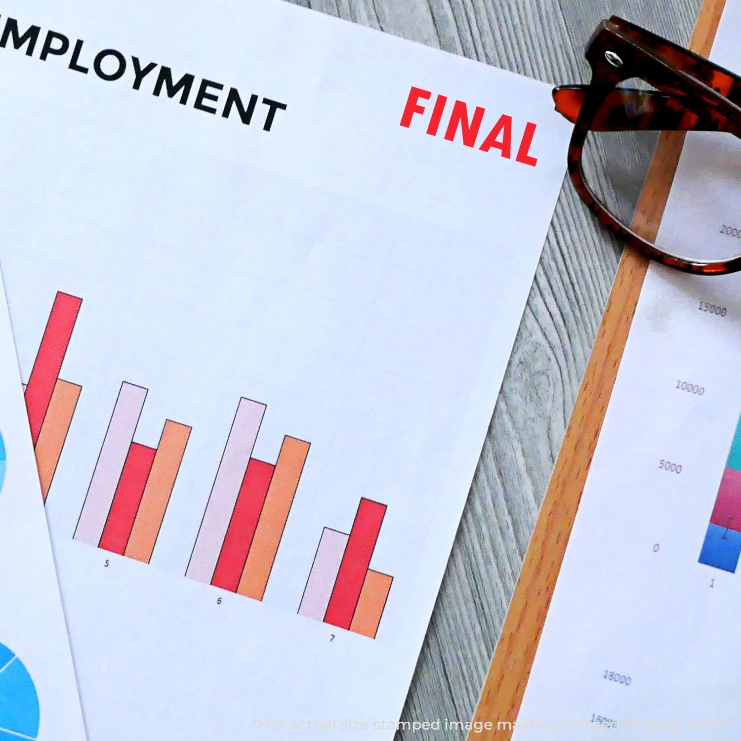 Employment final report page with bar chart data and magnifying glass, highlighting job trends and labor statistics analysis.