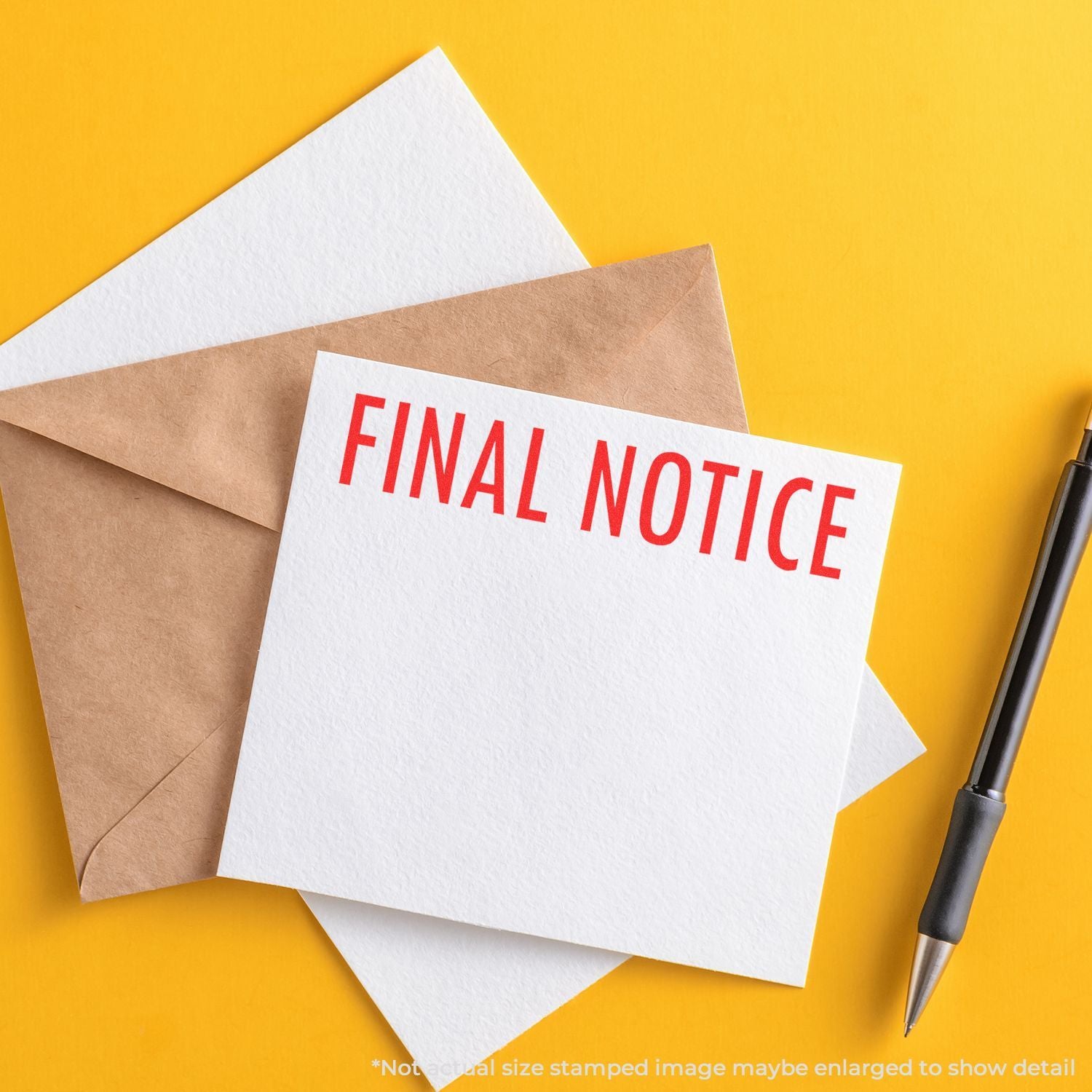 Final notice letter on envelopes with pen on yellow background, concept of urgent payment reminder or legal notification.