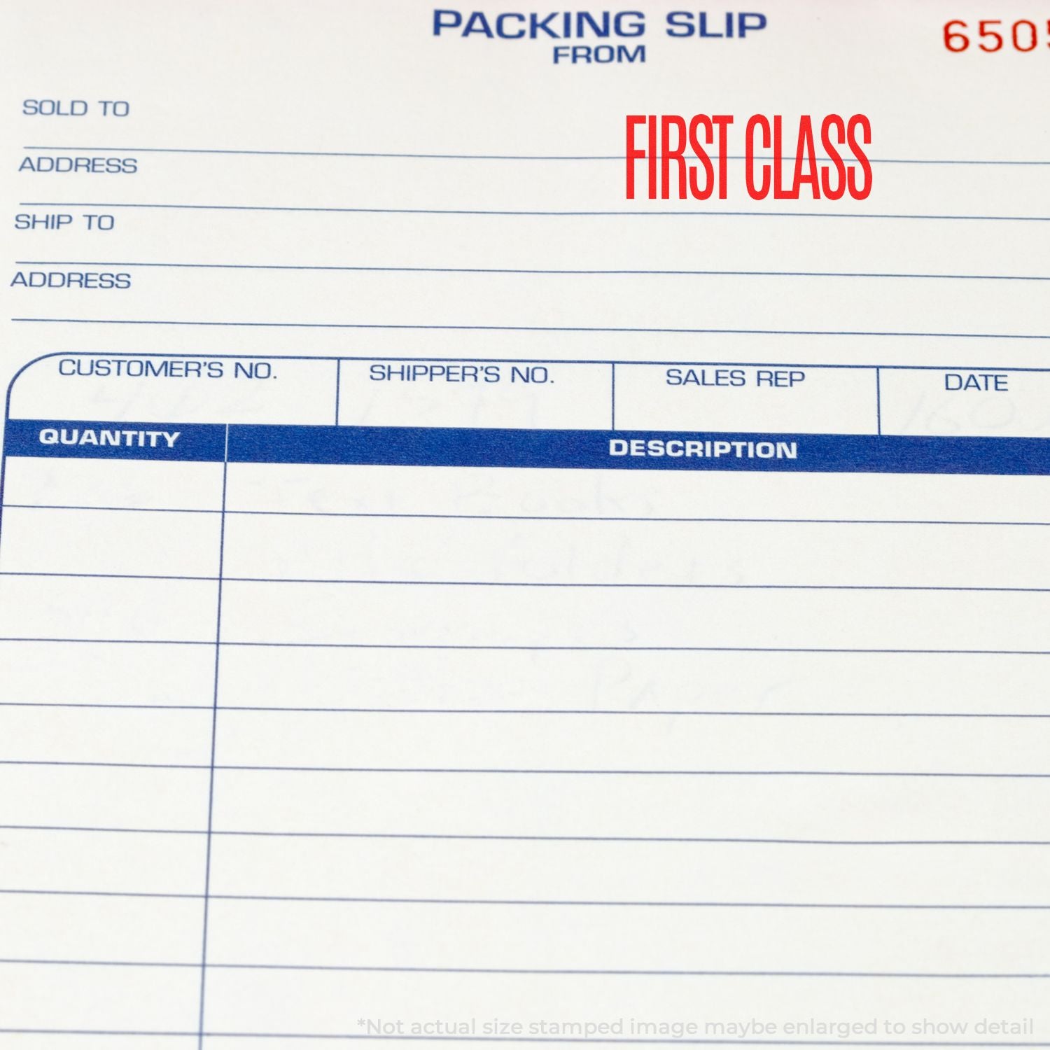 First Class packing slip form with shipping details, customer information fields, quantity and description sections.