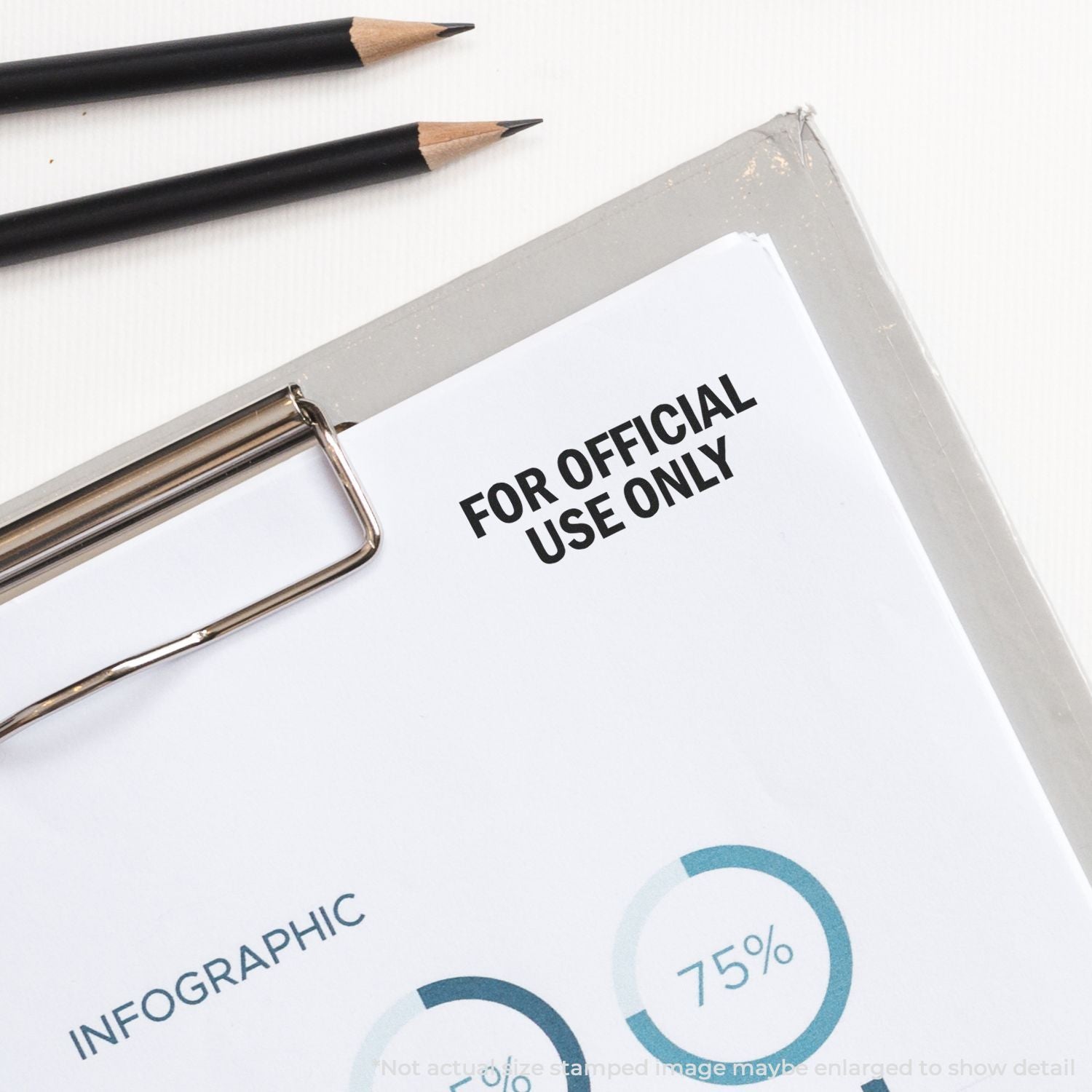Clipboard with business document labeled For Official Use Only, pencils, and infographic charts on a white background.
