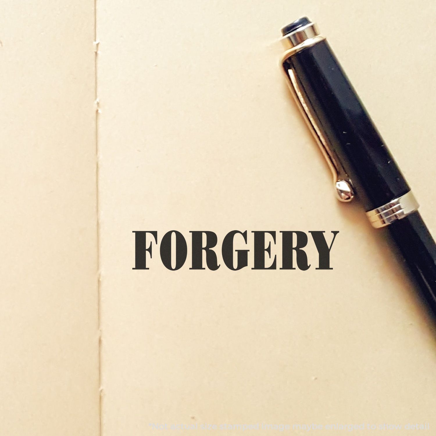 Black fountain pen on a beige paper background with the word FORGERY, symbolizing document fraud or counterfeit writing.