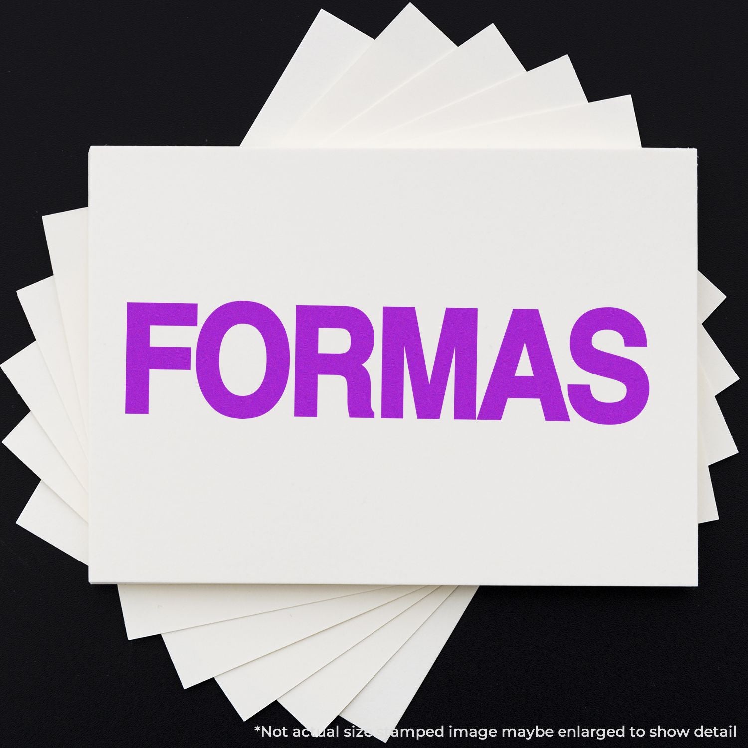 Stack of white cards with bold purple FORMAS lettering, representing printable forms and templates for graphic design.