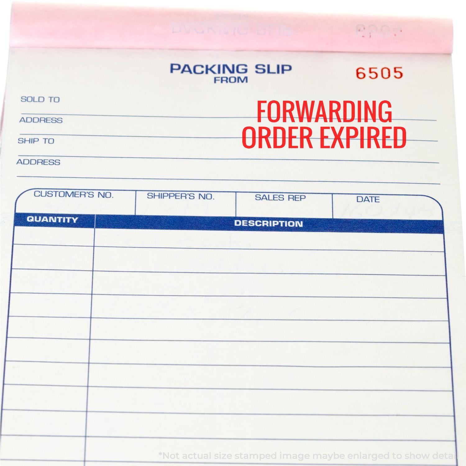 Blank packing slip form with Forwarding Order Expired stamp, shipping and sales order document template.