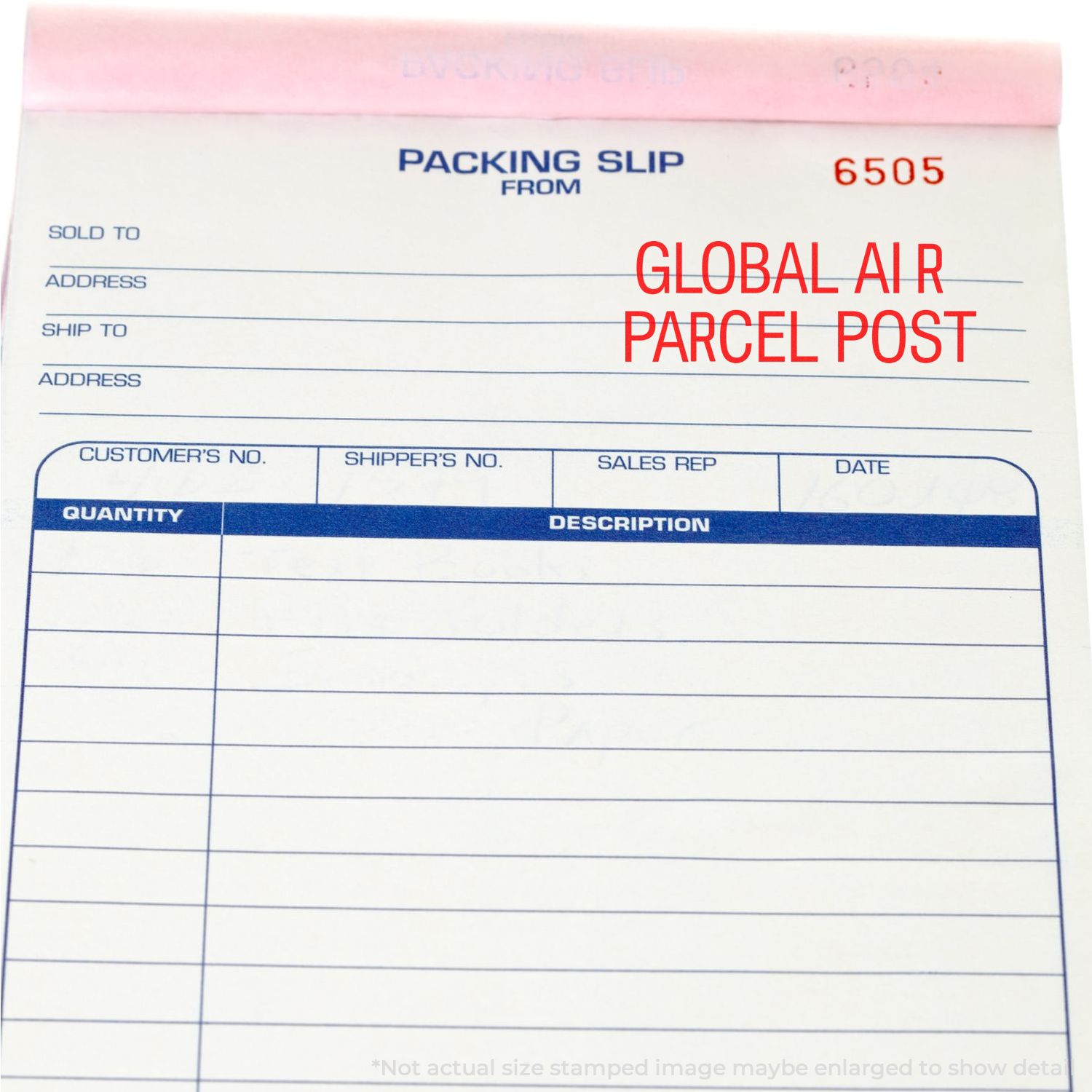 Blank Global Air Parcel Post packing slip form with shipping, billing, quantity and description fields.