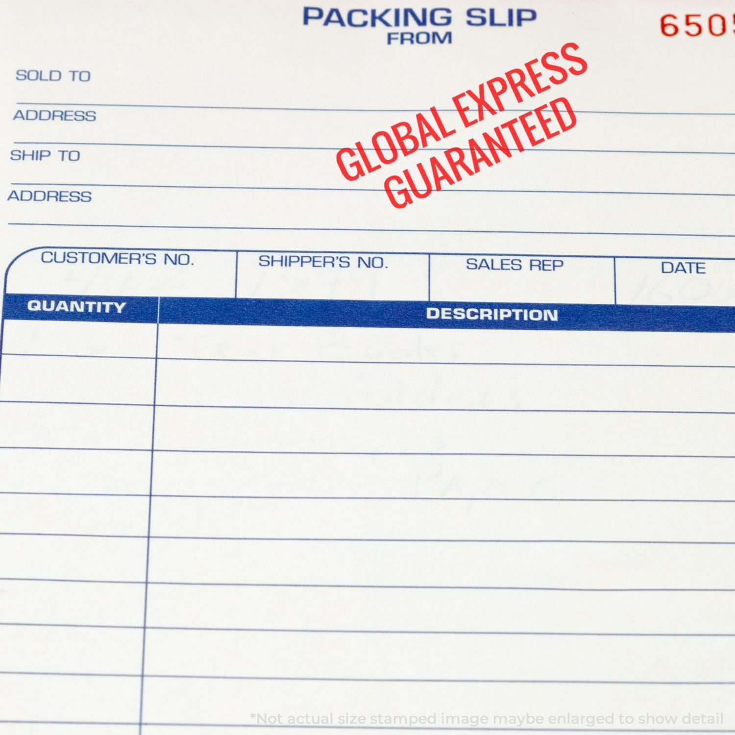 Packing slip document showing Global Express Guaranteed stamp and shipping details for customer and address fields.