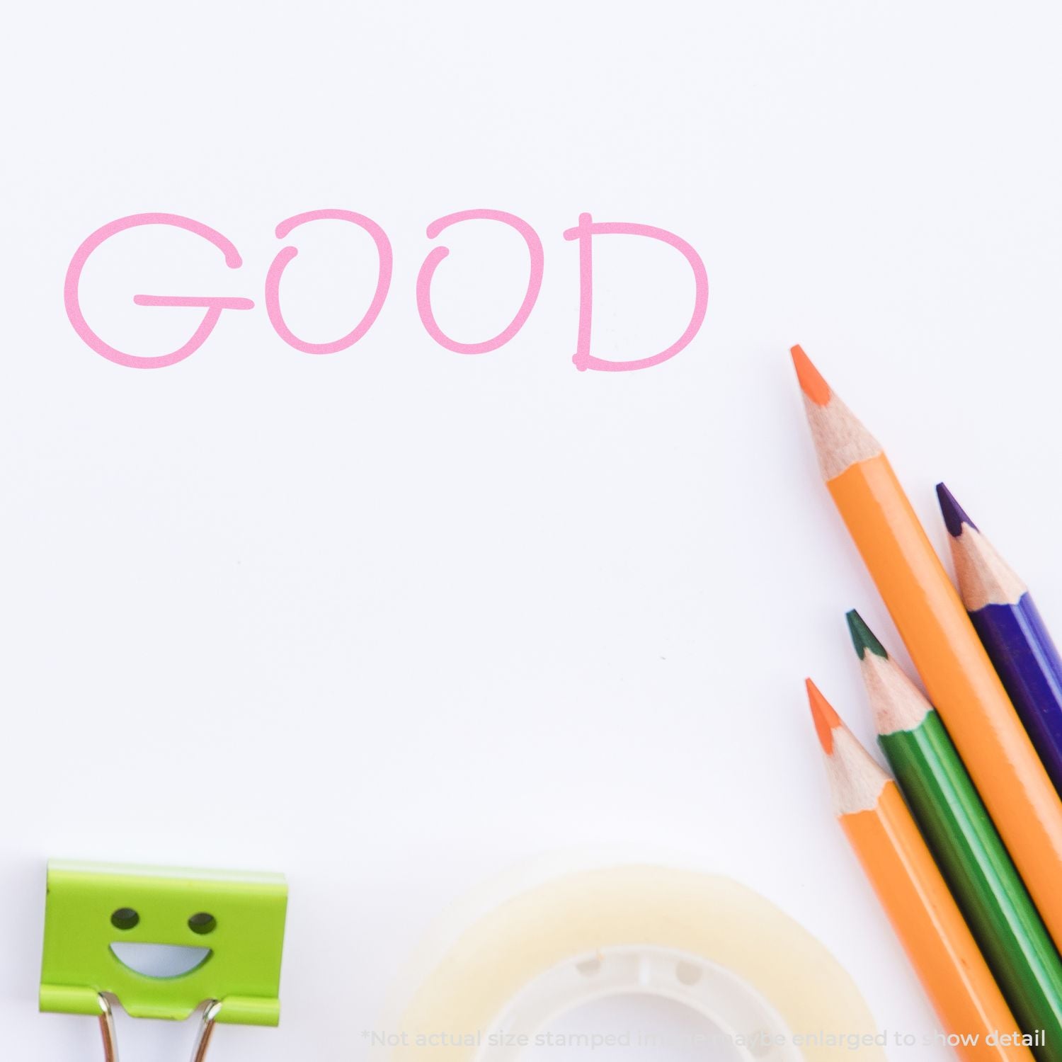 Child-friendly GOOD word writing with colored pencils on a white background, promoting kids learning and creativity for classroom practice.
