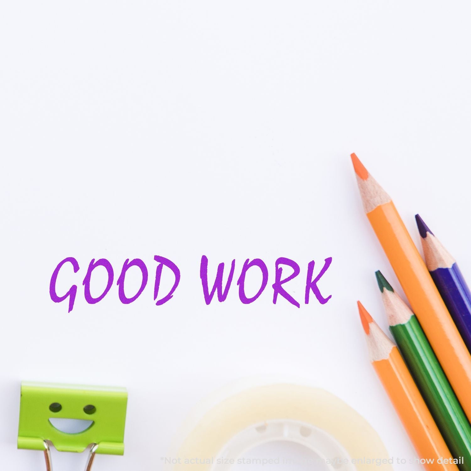 Good work sign with colored pencils and classroom stationery, highlighting school achievement and learning motivation.