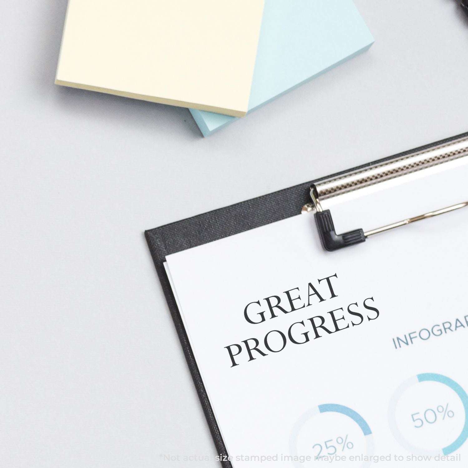 Great Progress infographic report with binder clip on clipboard, highlighting growth and progress tracking