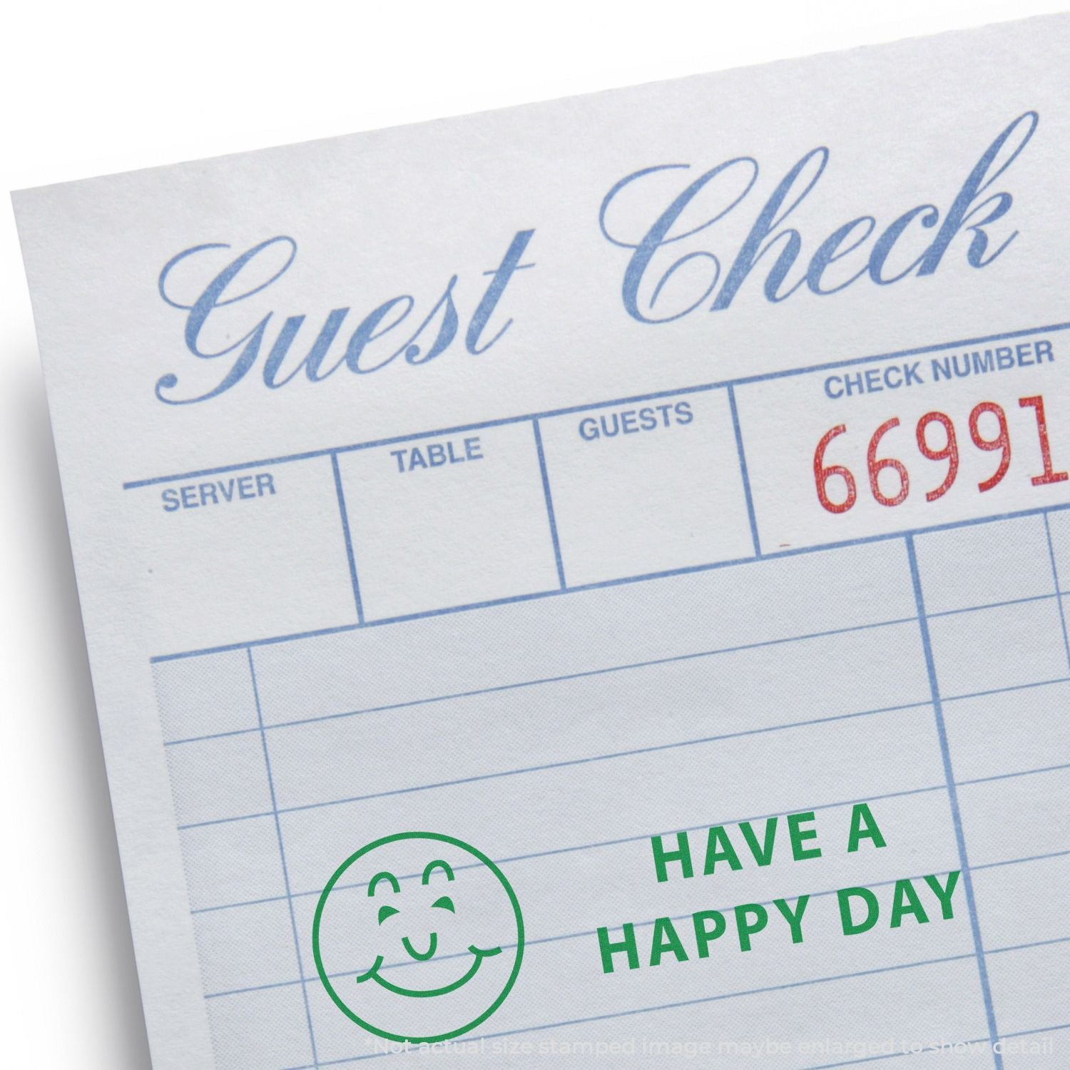 Restaurant guest check receipt showing table, server, and check number 66991 with Have a happy day message.