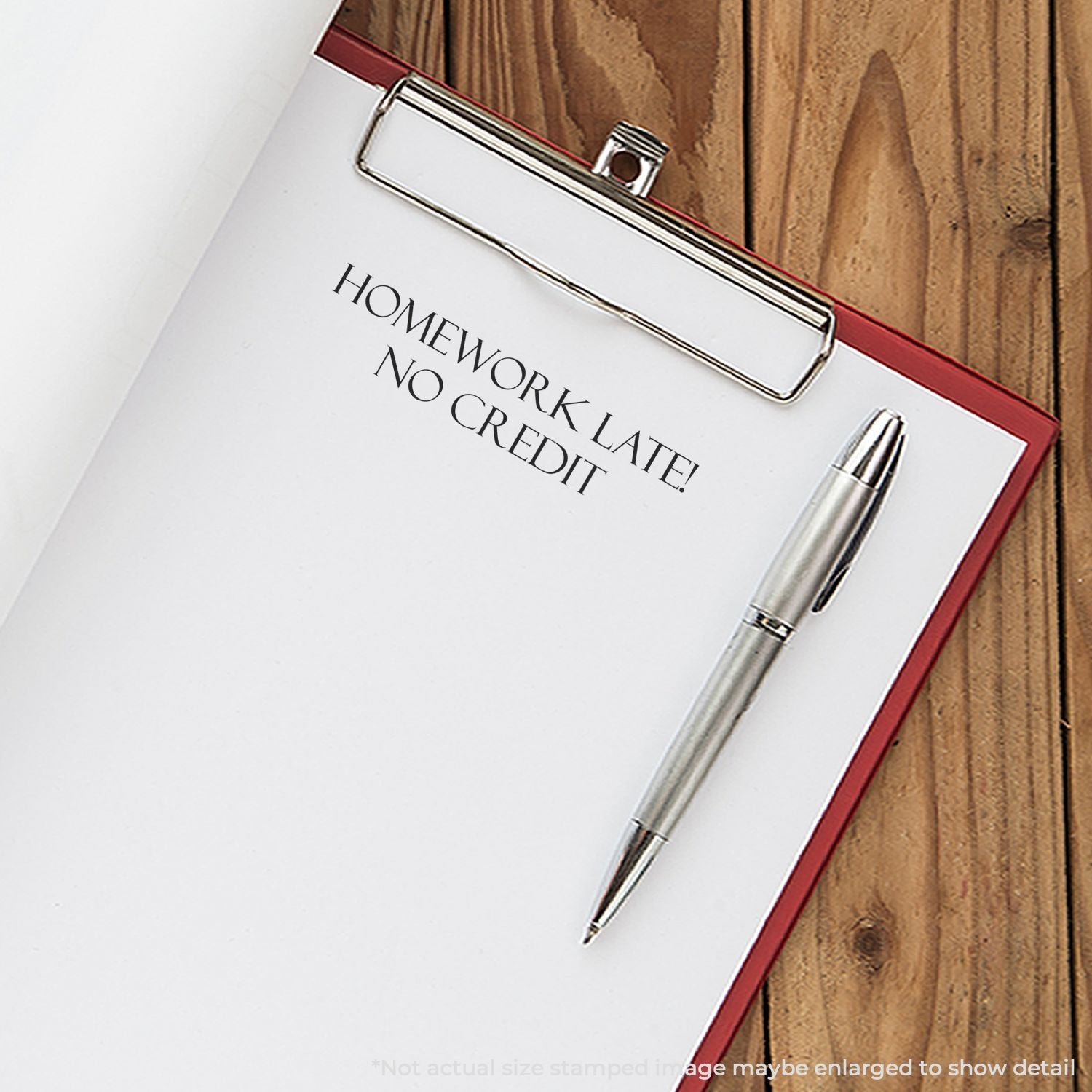 Homework reminder card reading No Credit with clip and silver penclassroom humor stationery for teacher, students, back to school