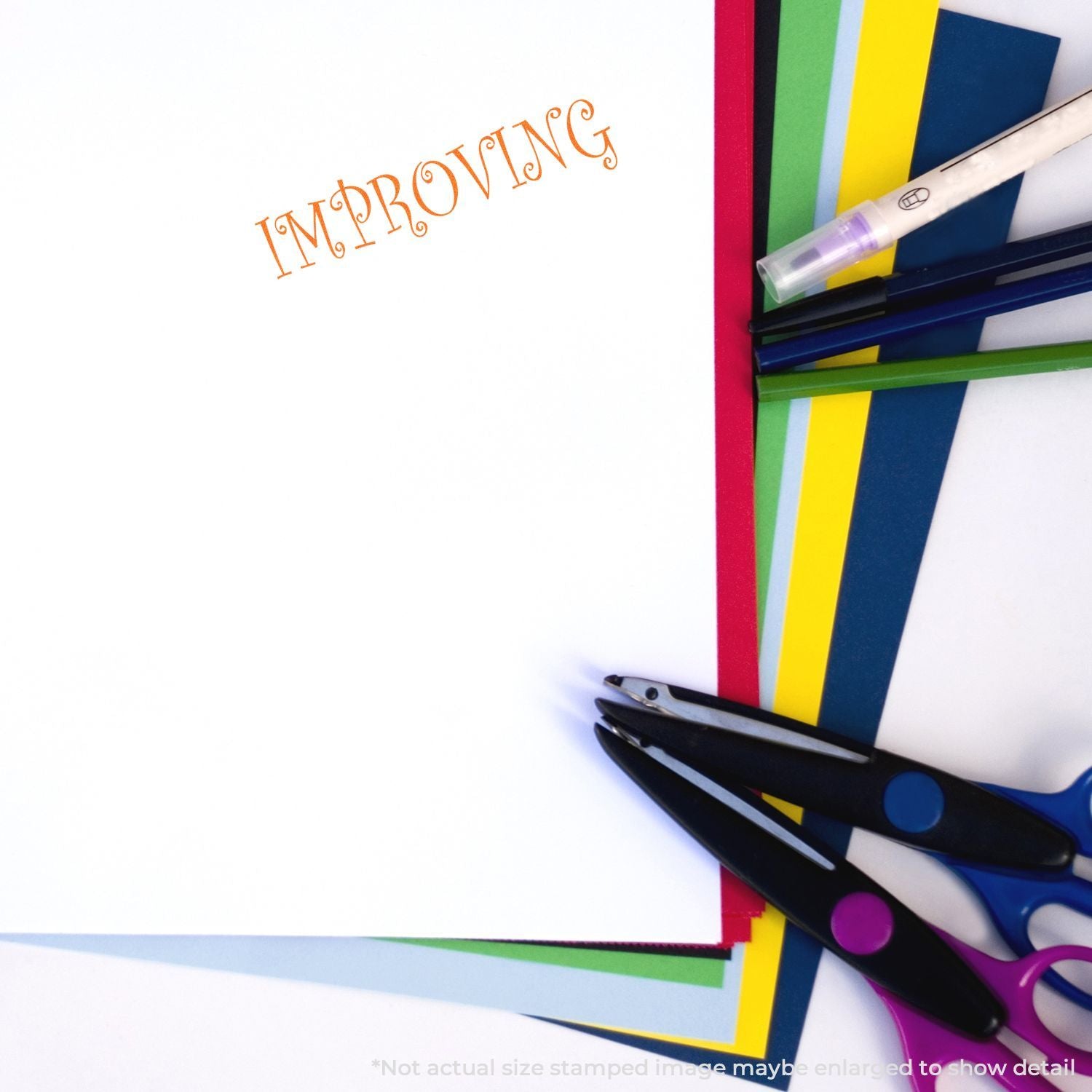 Colorful craft supplies with scissors, marker, and cardstock featuring the word Improving on a white background.