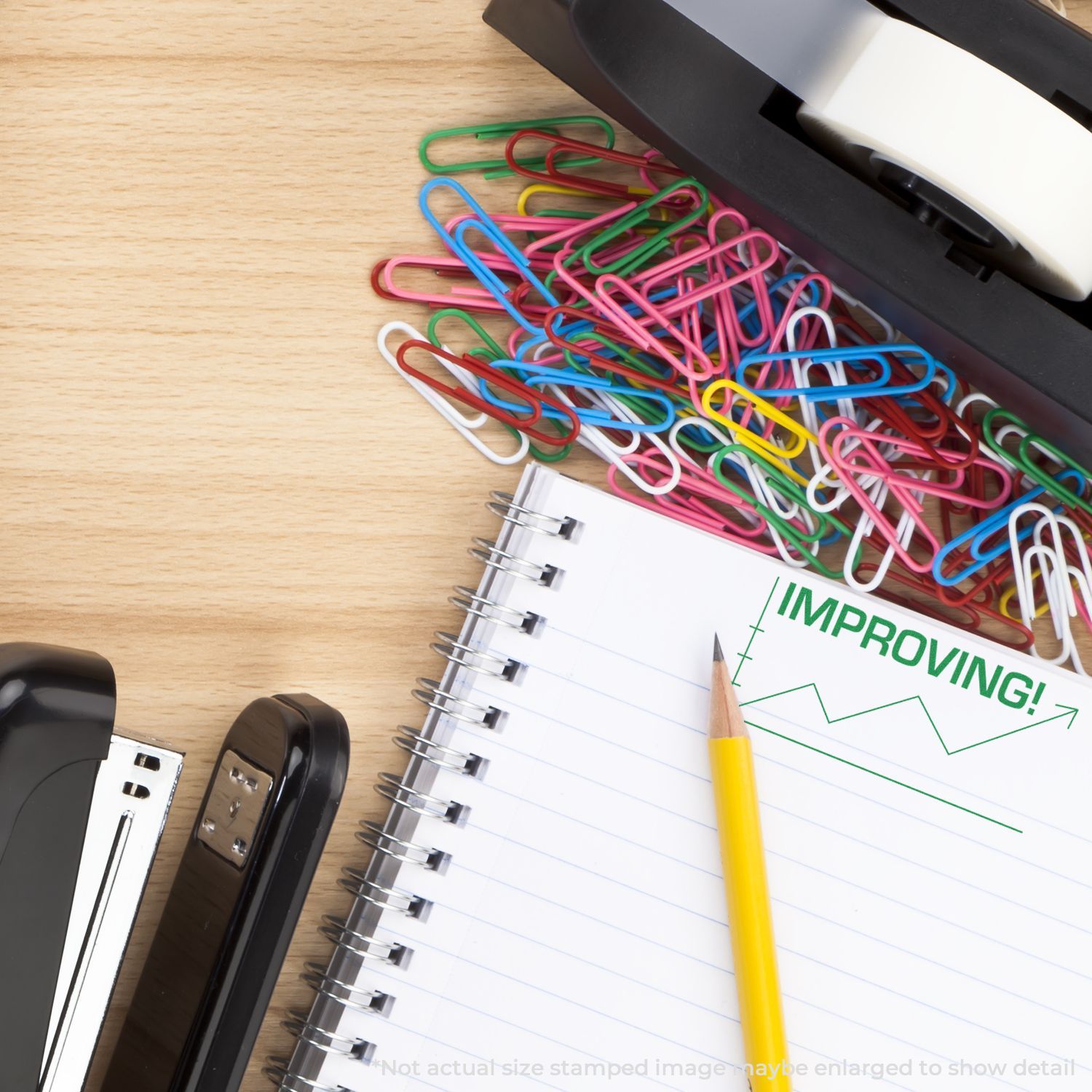 Colorful paper clips and notebook saying IMPROVING! with pencil, symbolizing organization, productivity and business improvement.