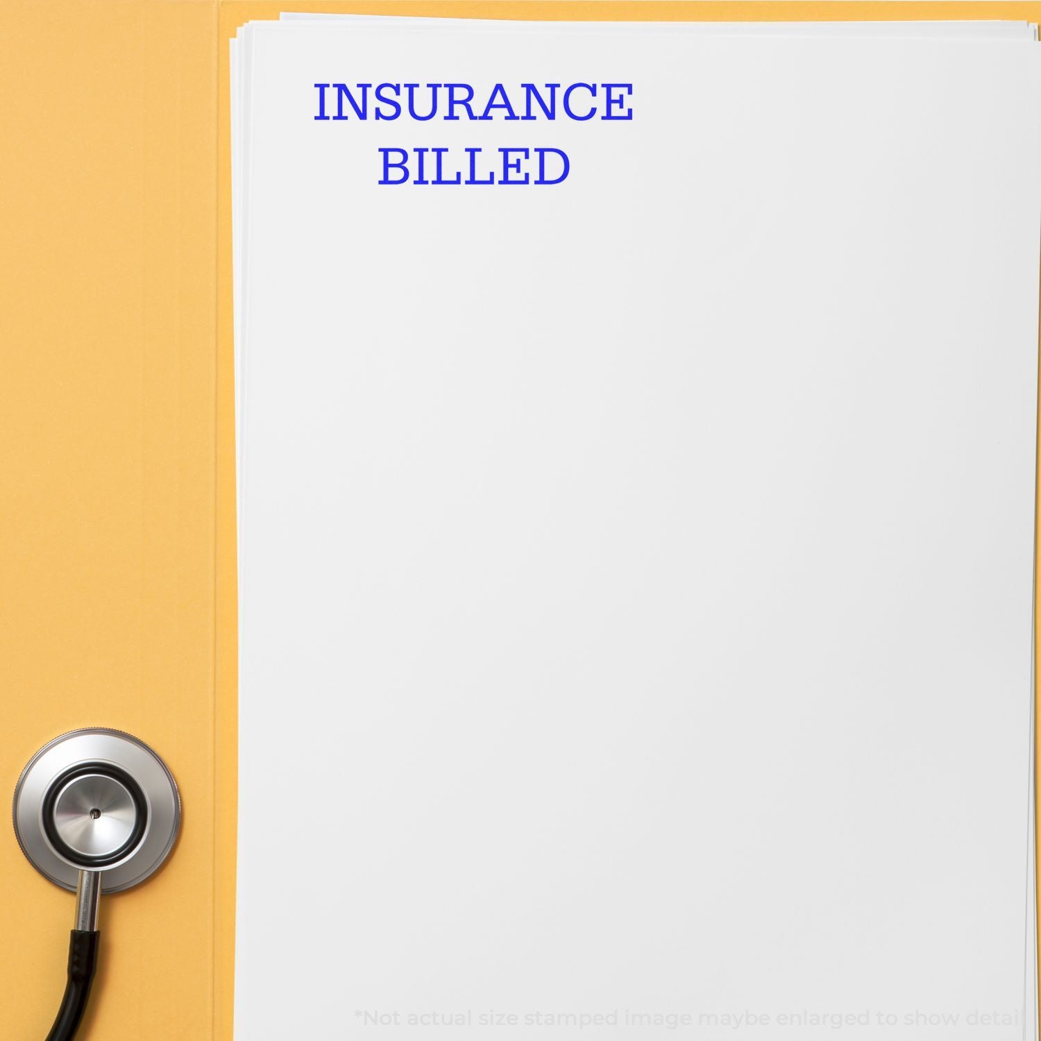 Insurance billed folder with stethoscope on yellow background, medical billing and health insurance document concept.