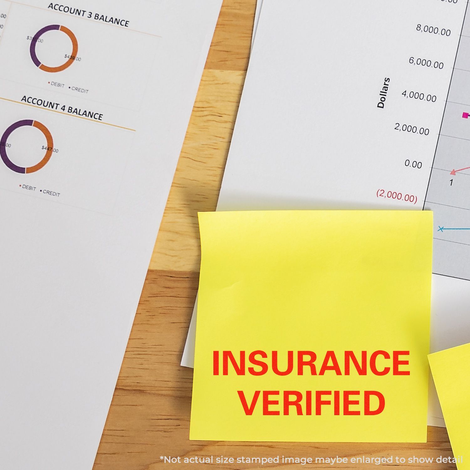 Insurance verified stamp over financial report showing account balances in dollars, debit and credit charts for claim approval