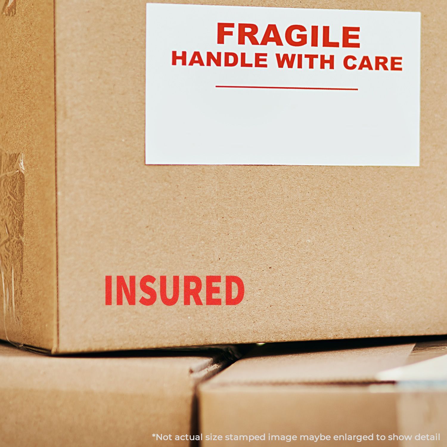 Shipping box label reading FRAGILE HANDLE WITH CARE, advising careful handling for safe delivery and storage of goods.