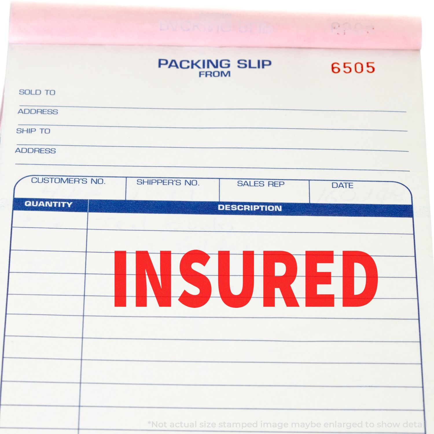 Insured packing slip form for shipping records, showing address fields and table for quantity and description