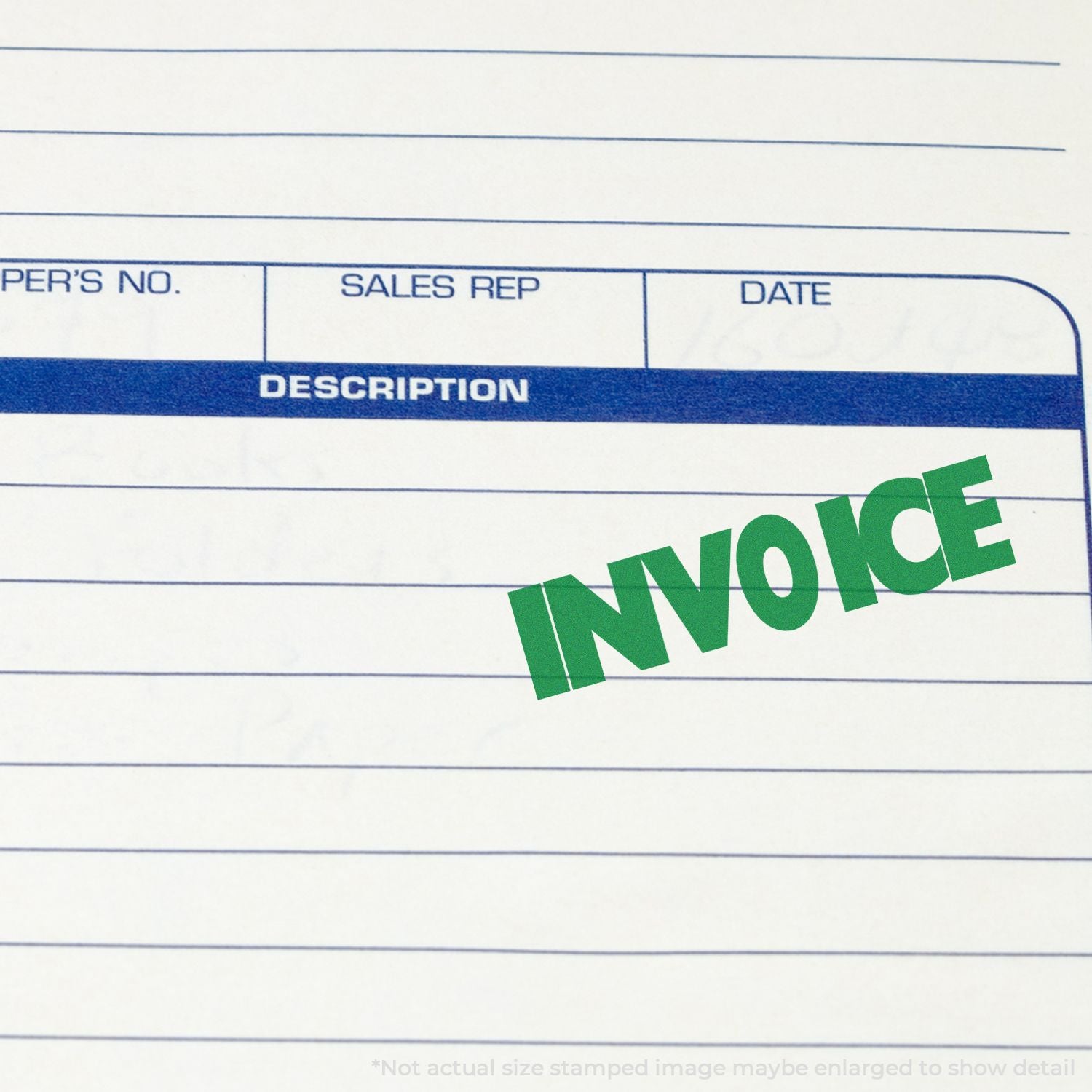 Invoice template highlighting the DESCRIPTION section on a sales order form, with sales rep and date fields for billing records.