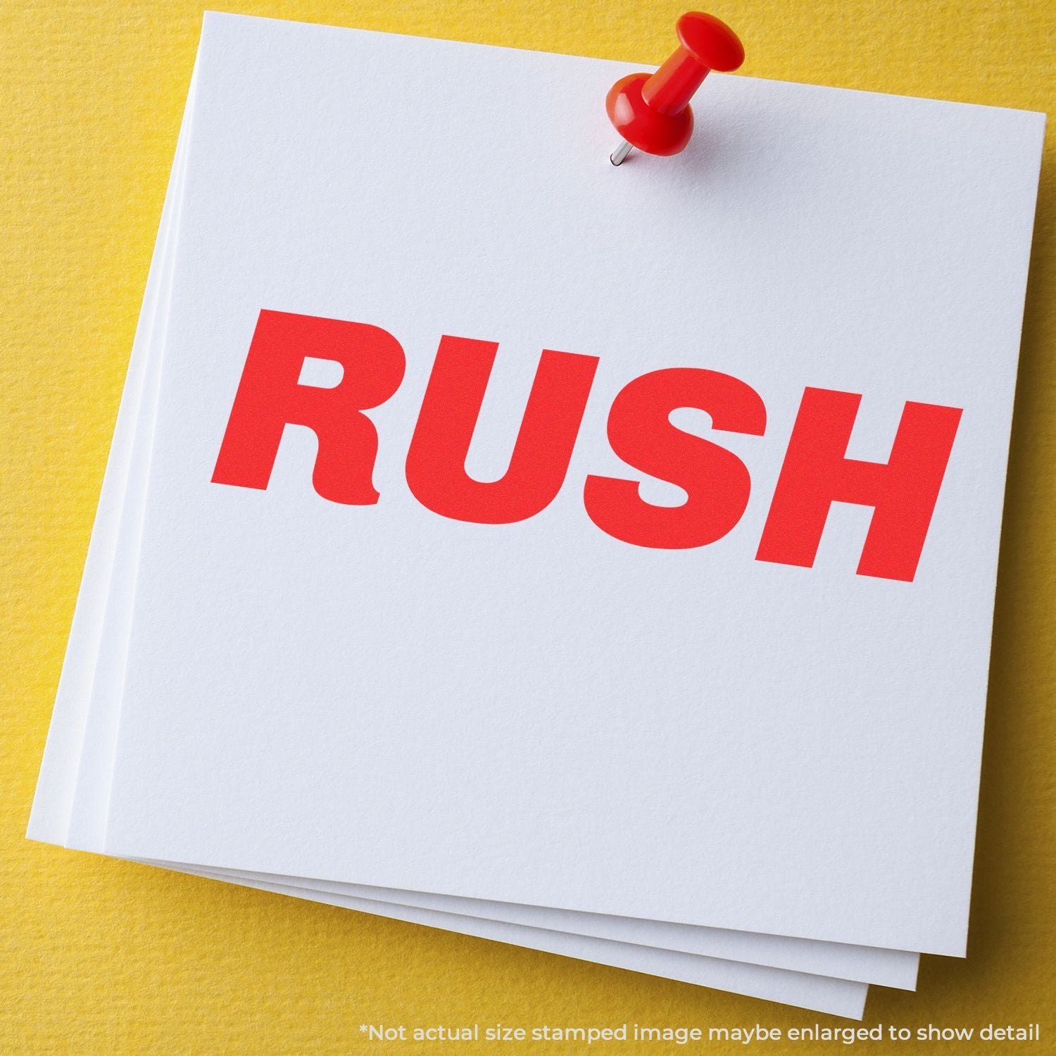 RUSH message card with red pushpin on yellow background, highlighting urgent delivery, fast shipping, and time-sensitive service