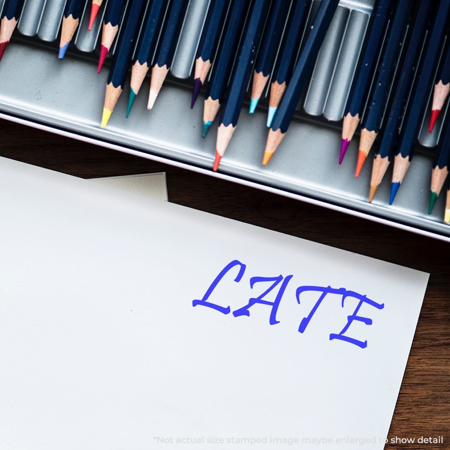 Colored pencils over a paper stamped LATE, symbolizing a missed assignment deadline.