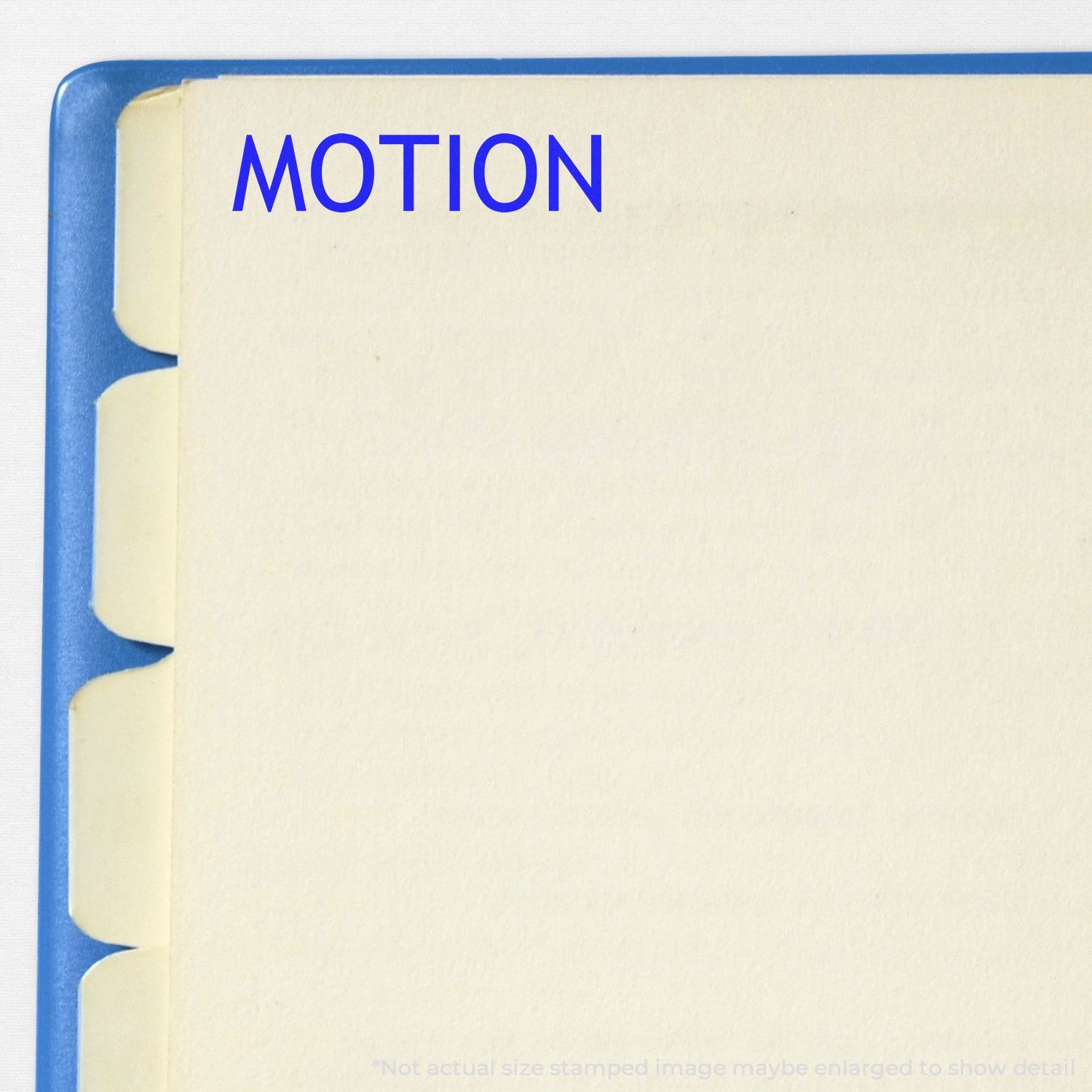 Blue file folder divider tab labeled MOTION on cream paper with a blue binder edge.