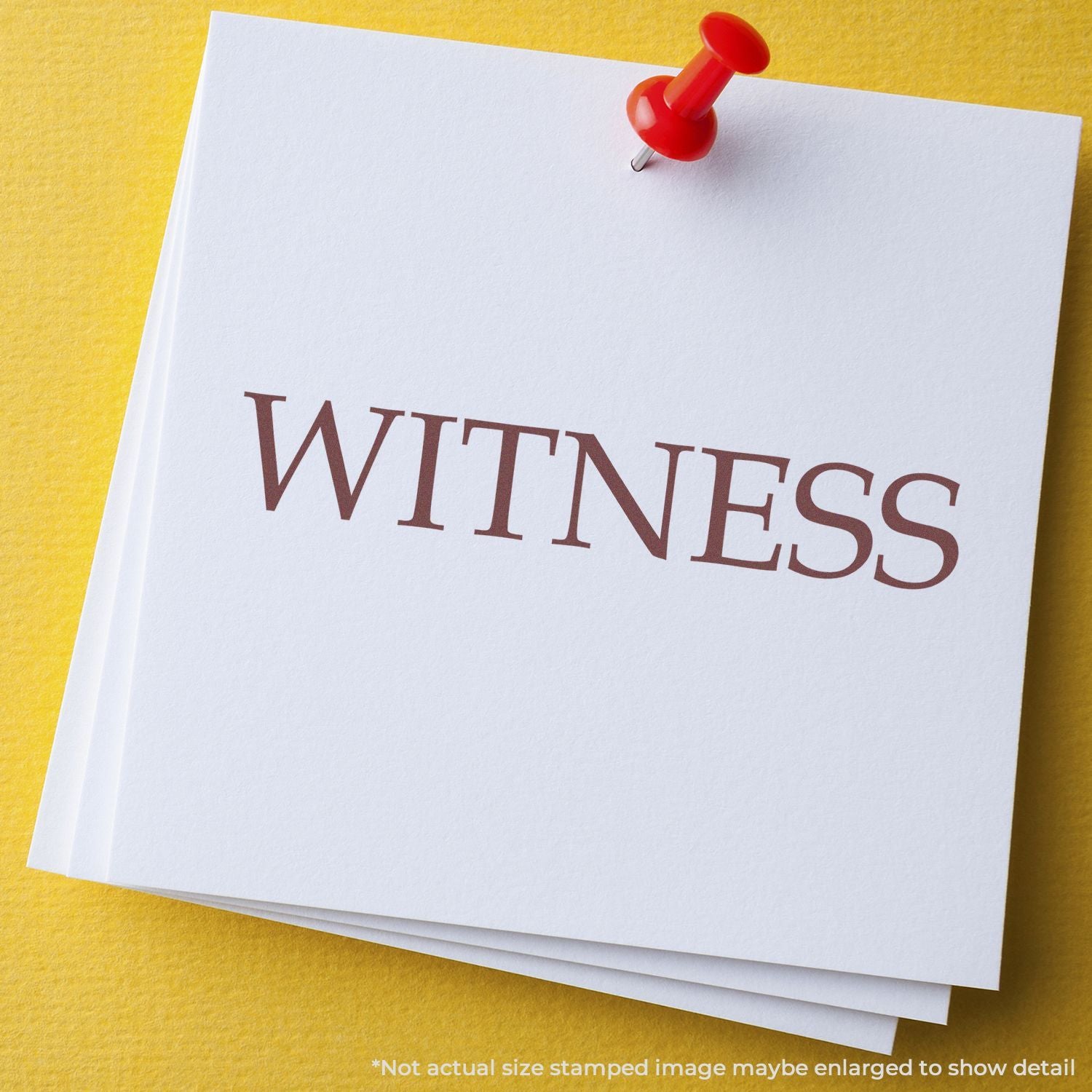 White notecard pinned with red thumbtack on yellow background, stamped 'WITNESS' to represent legal testimony, evidence, and proof.