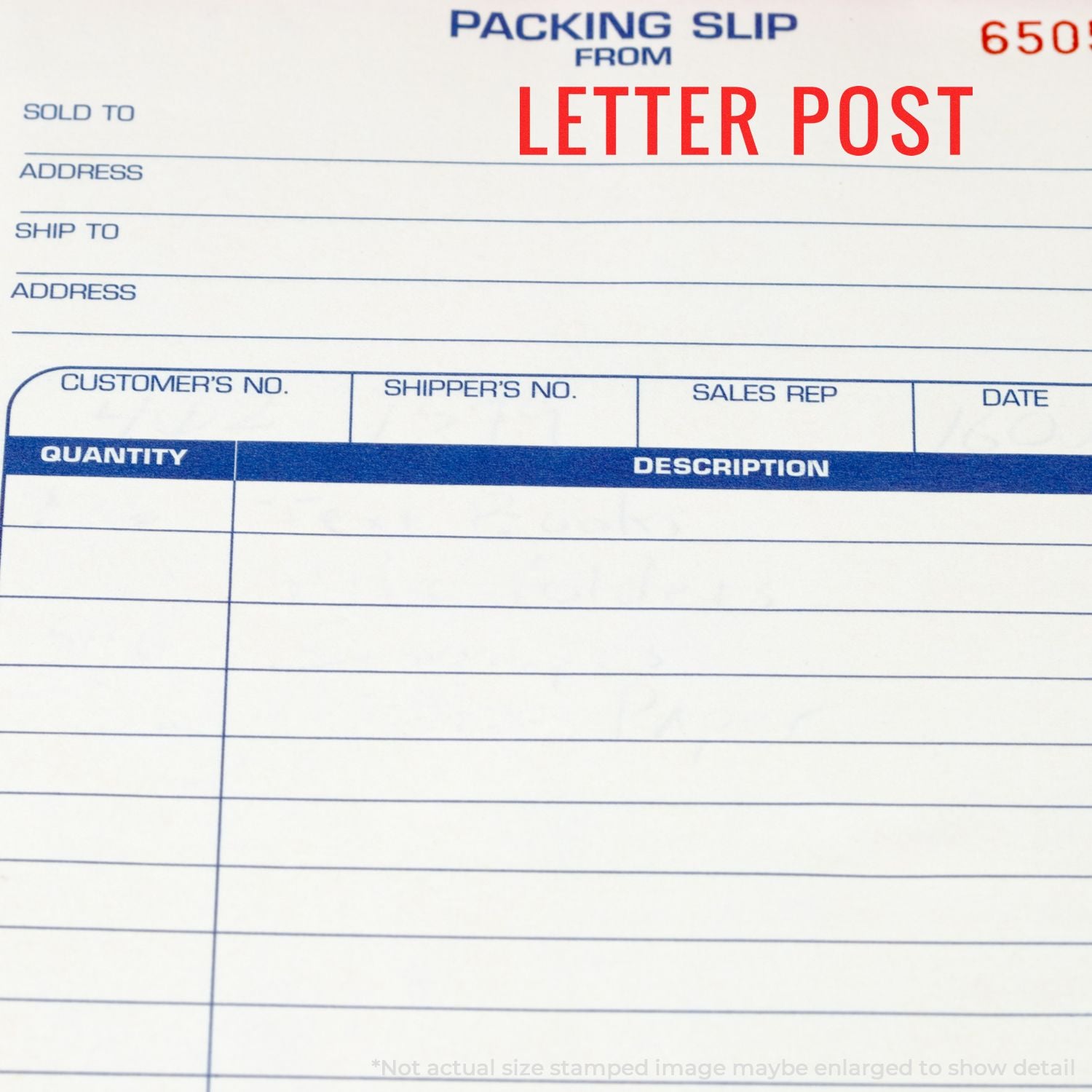 Blank Letter Post packing slip form with customer, ship to, quantity, and description fields for shipping and sales records.