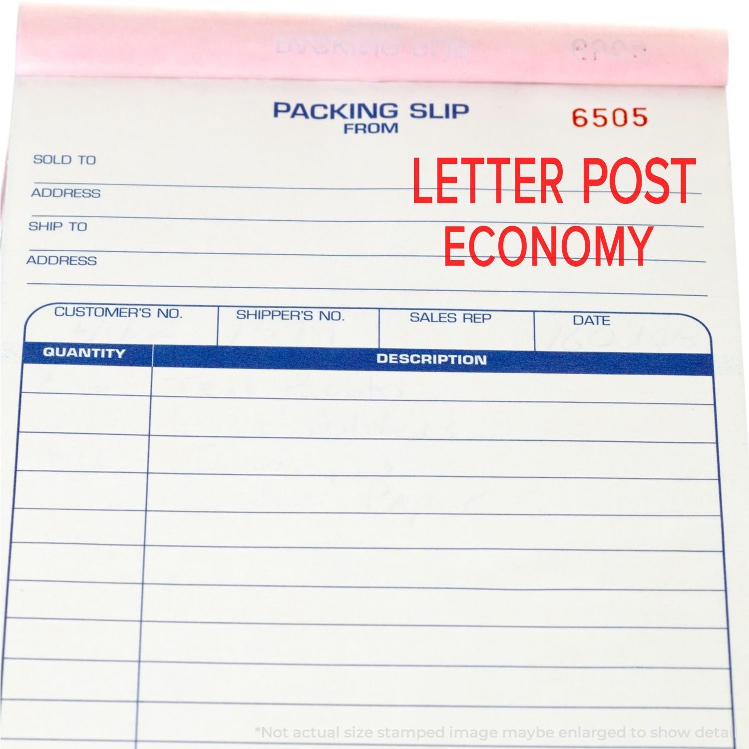 Shipping packing slip form marked Letter Post Economy (6505) service code with ship-to order fields for mailing documentation records.