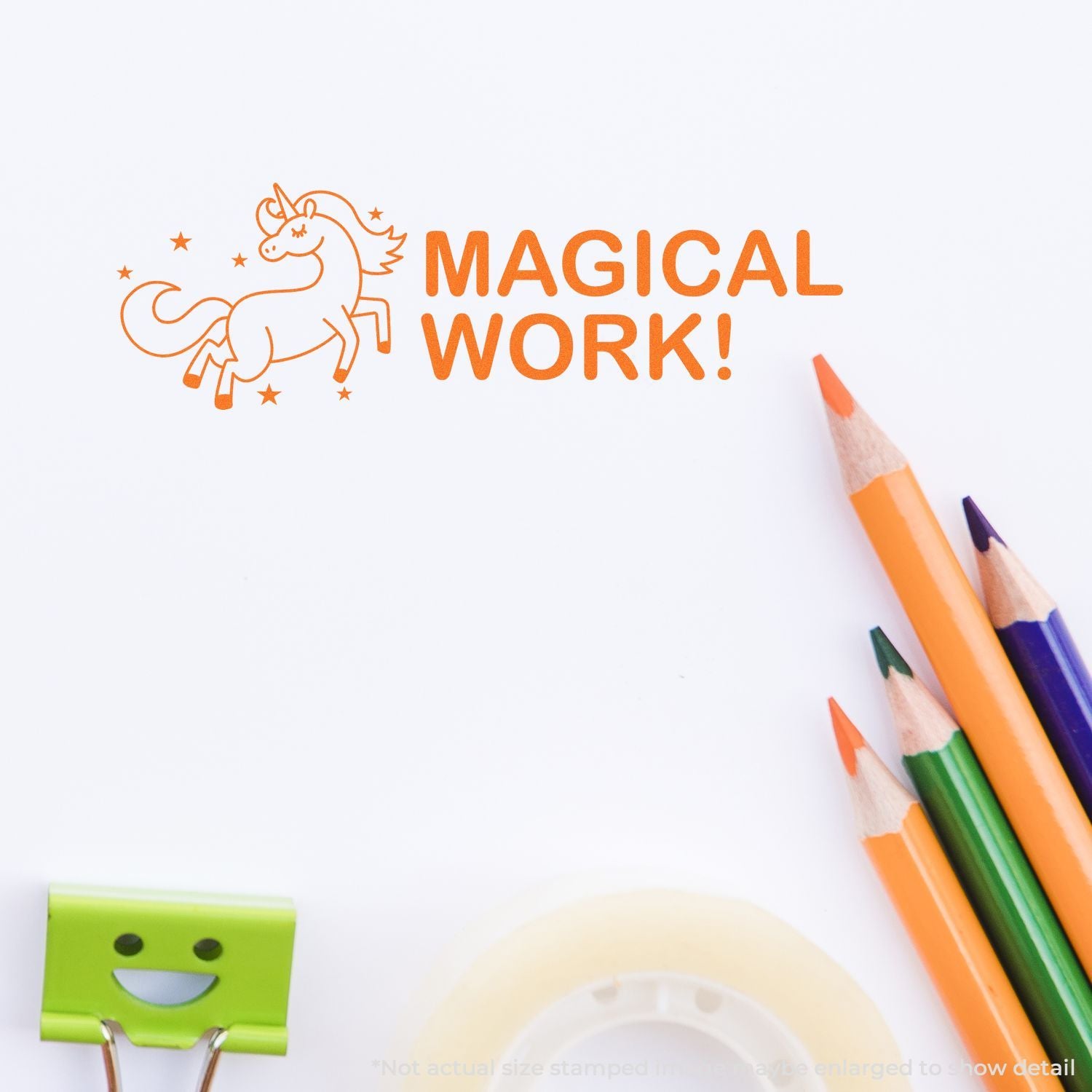 Magical Work! orange unicorn graphic on white background with colored pencils, classroom craft motivation message for kids.