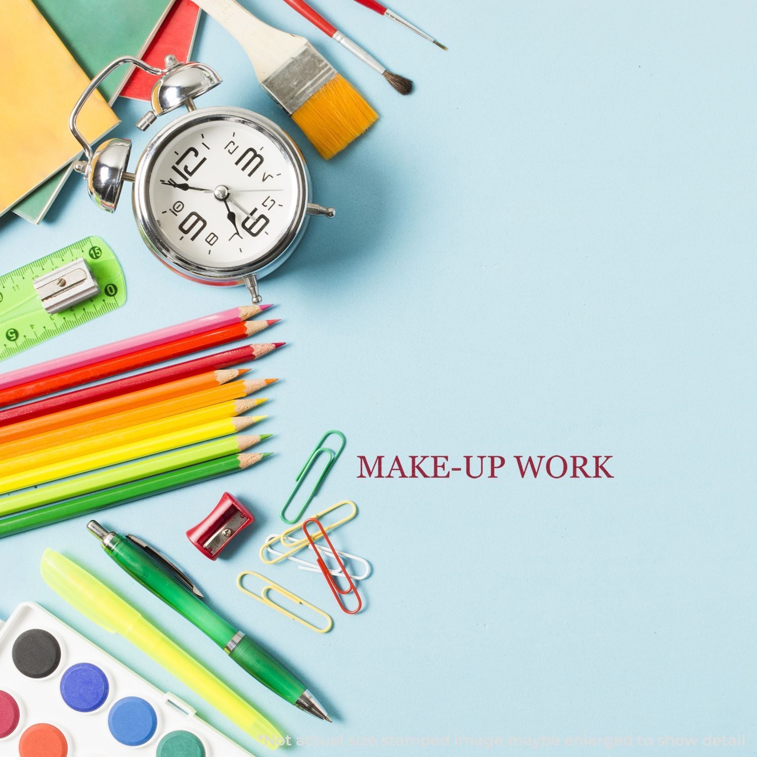 Make-up work concept: classroom stationery and stopwatch on desk, symbolizing time management and catch-up learning study tasks.