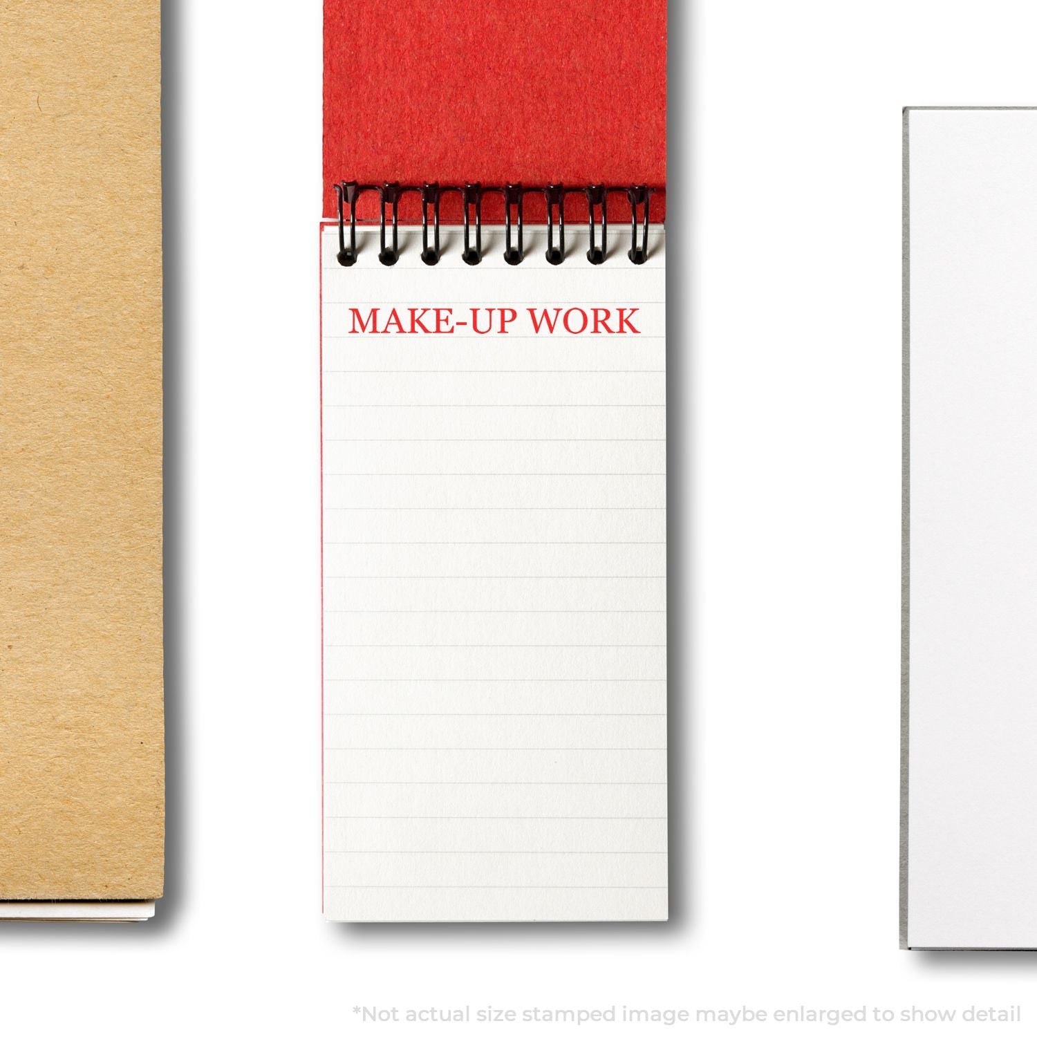 Make-up work notebook with red cover and lined pages, labeled MAKE-UP WORK, for beauty projects and makeup lessons.