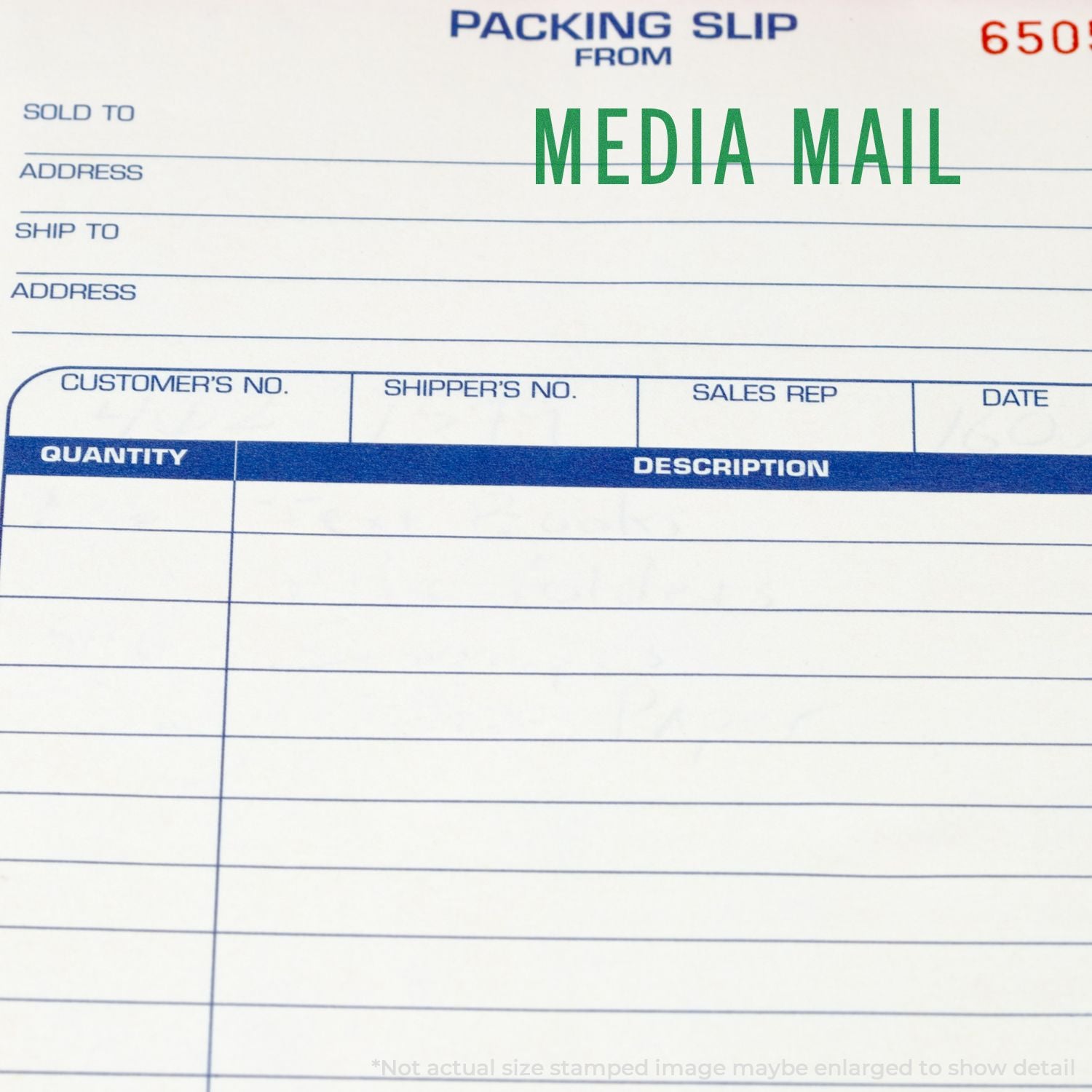 Media Mail packing slip form showing sold-to, ship-to, and address fields for shipping documentation and order fulfillment.