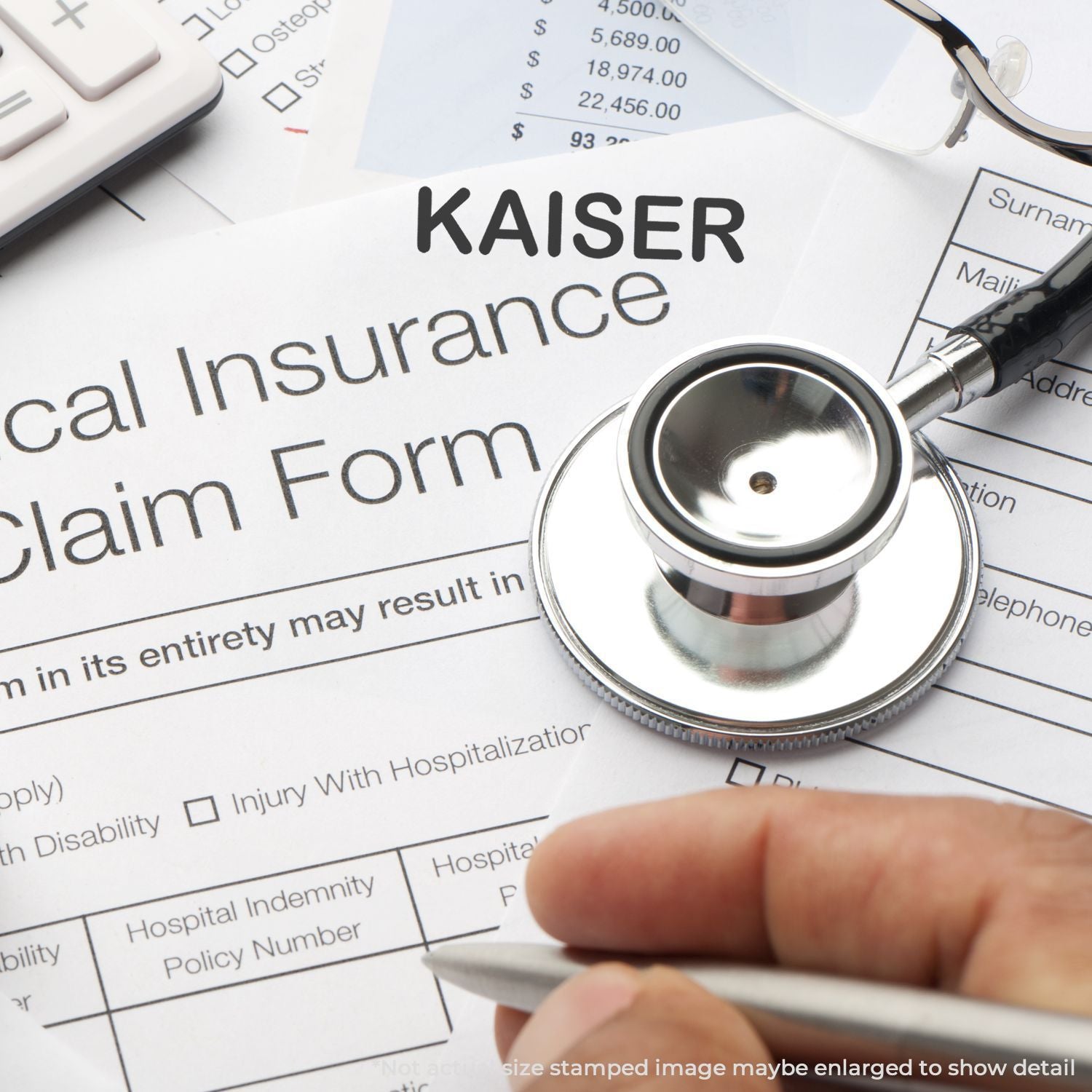 Insurance form Kaiser healthcare finance document with magnifying glass and pen, highlighting claim review and policy inspection