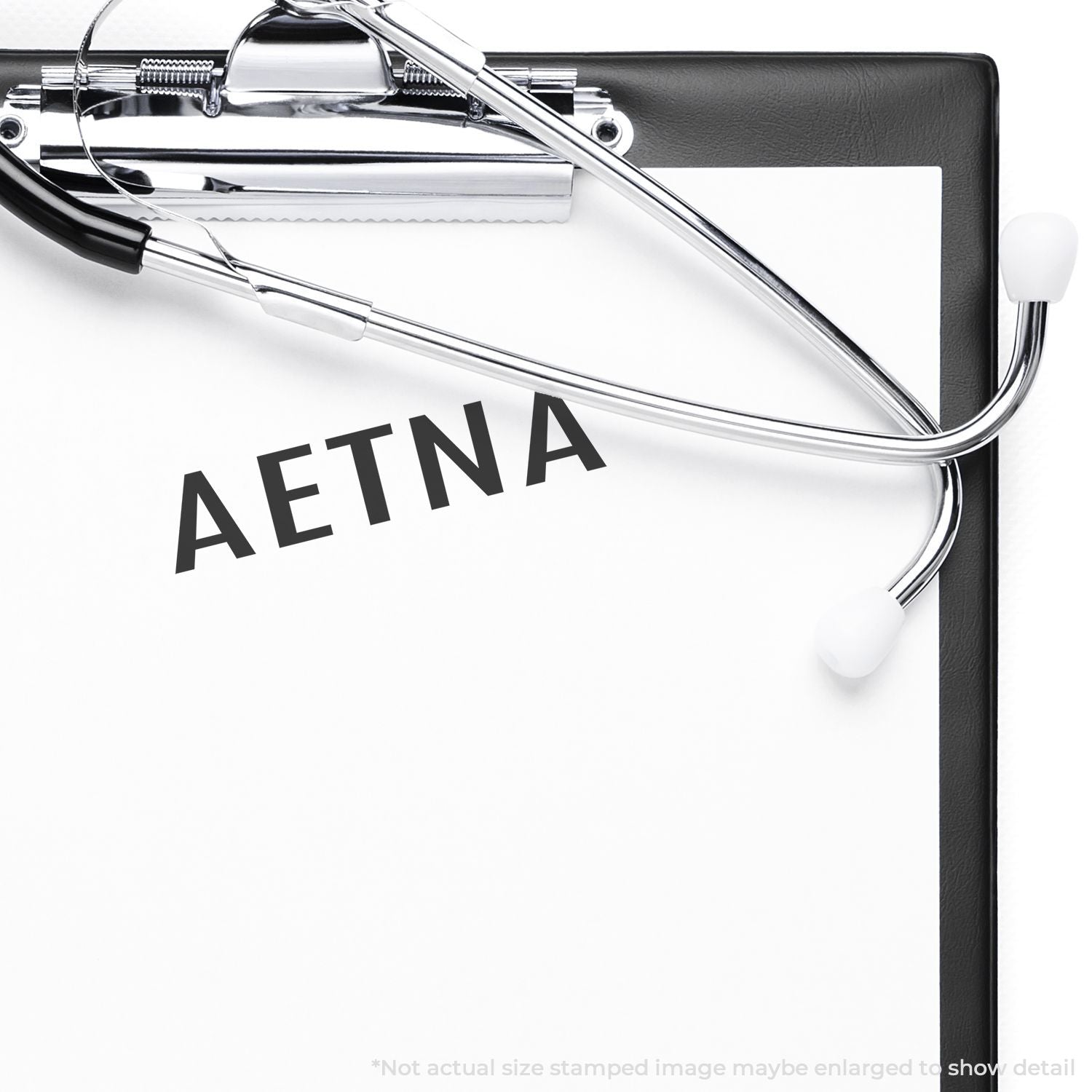 Aetna healthcare branding with stethoscope and medical clipboard, suggesting health insurance, checkups, and preventive care services