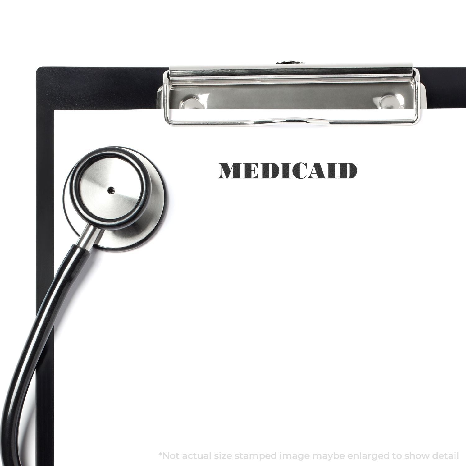 Medical clipboard with stethoscope and MEDICAID title, promoting healthcare coverage and insurance services.