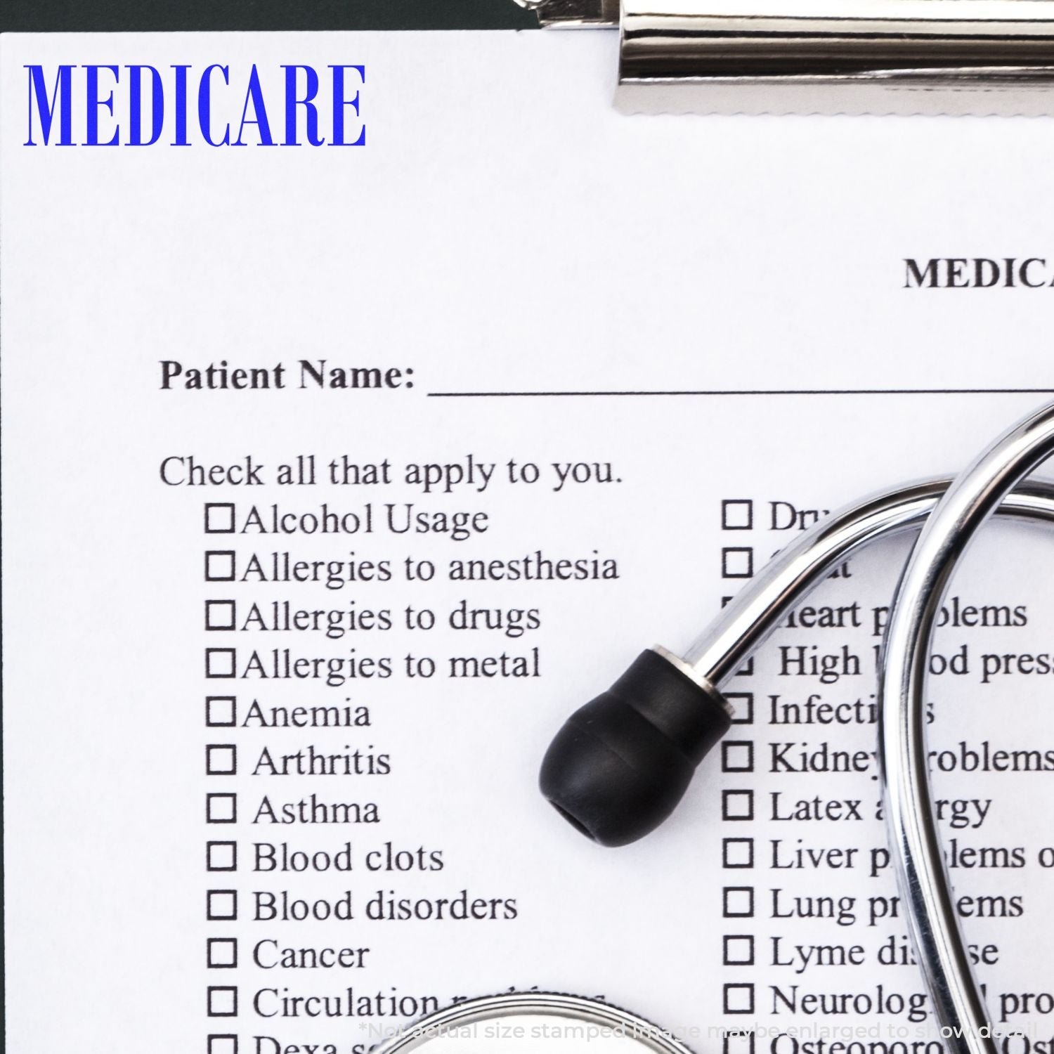 Medicare patient medical form with stethoscope and checkbox list for allergies and conditions during clinical history intake visit