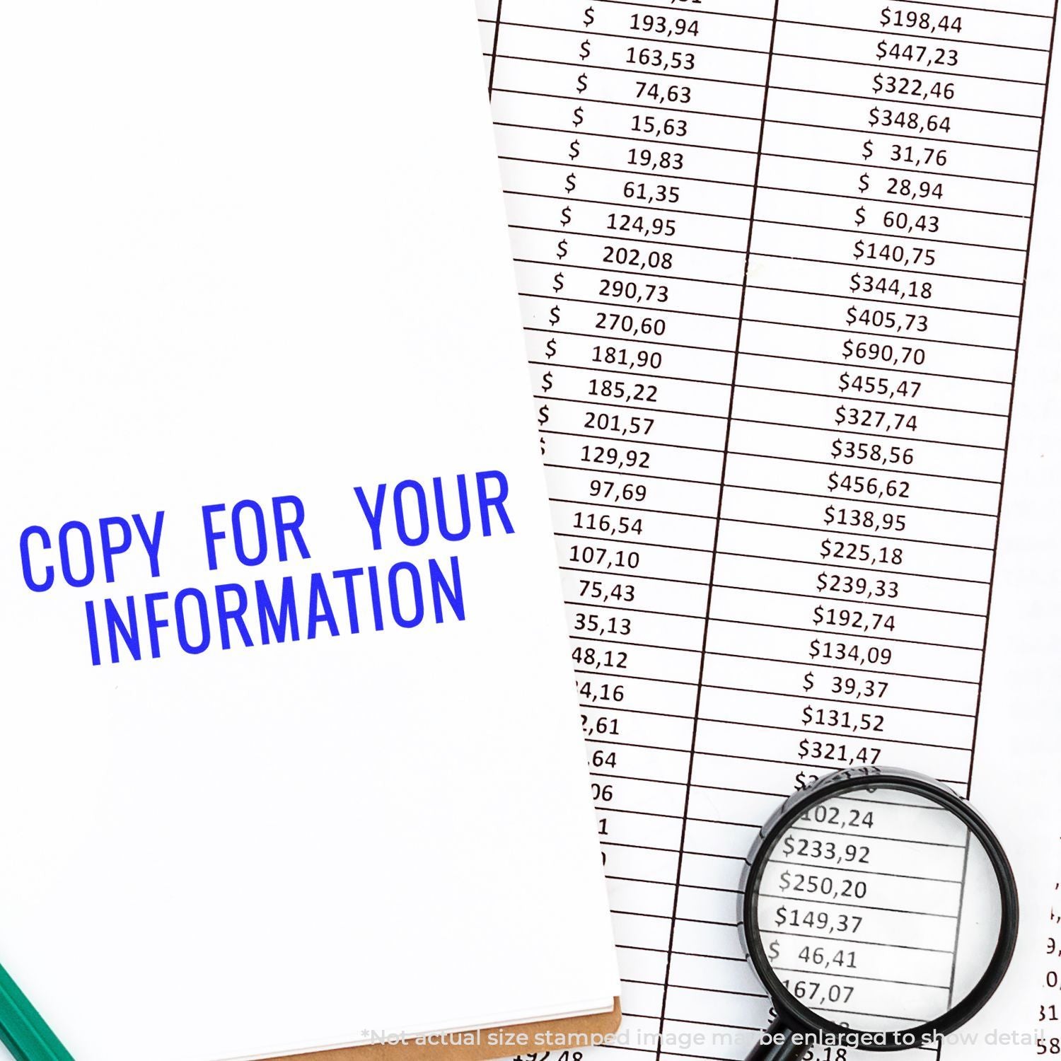 Copy for Your Information: magnifying glass over a spreadsheet of dollar amounts, highlighting financial data review and verification.