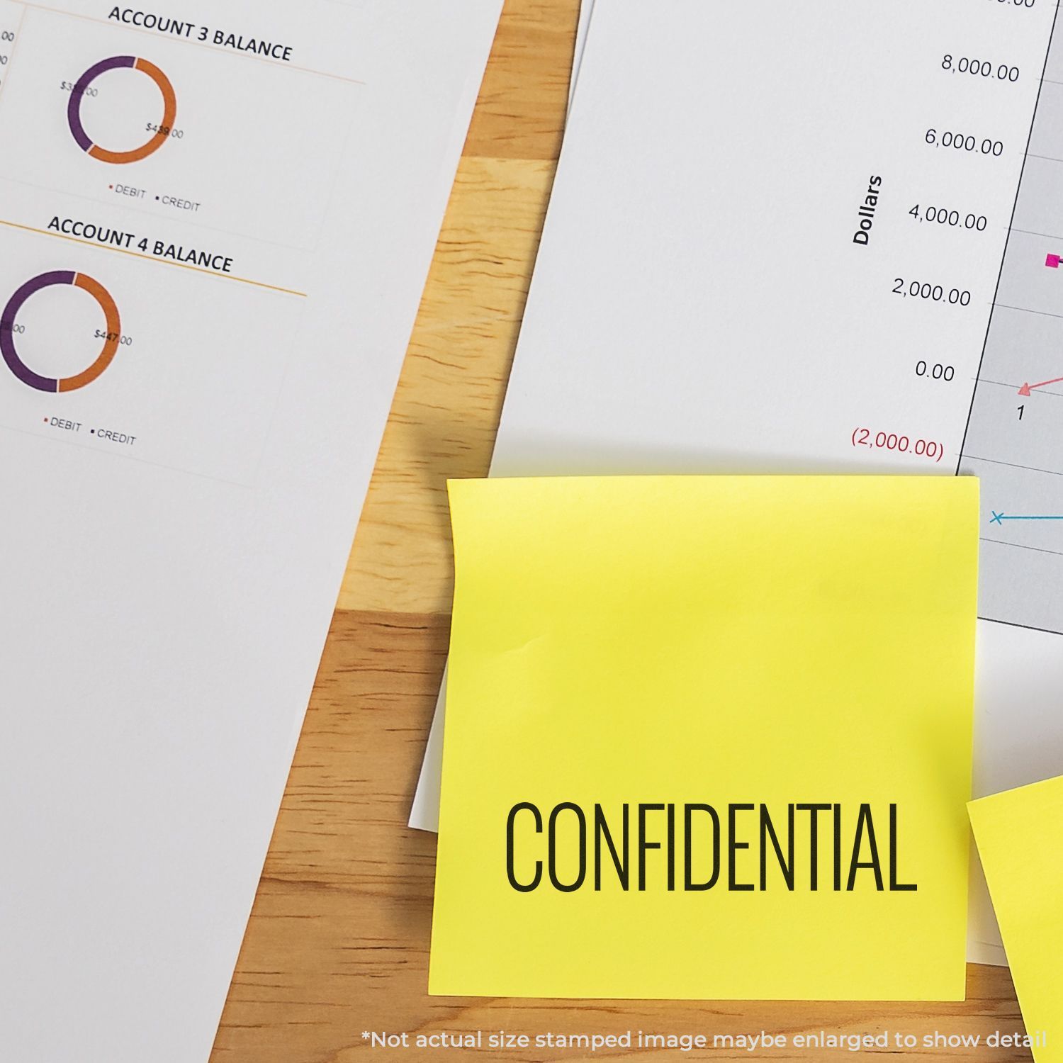 Accounting report with account balance charts and confidential sticky note over financial dollars graph, showing private bookkeeping data