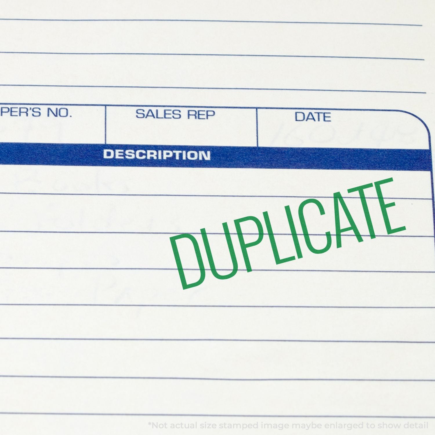Sales order form showing DUPLICATE stamp over description and date fields, indicating a duplicate copy of customer purchase record.