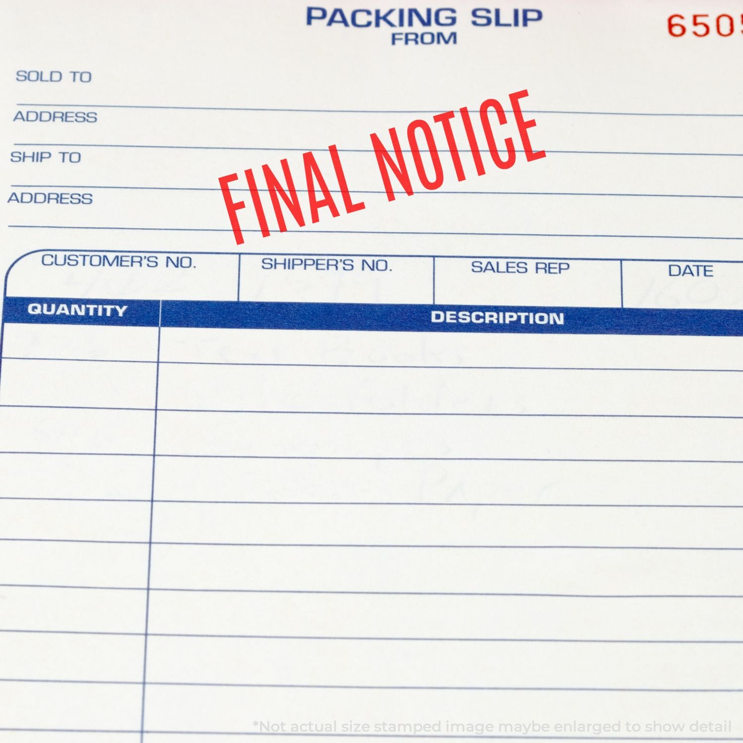 Packing slip document with shipping address fields and bold FINAL NOTICE, alerting to an order or shipment issue.