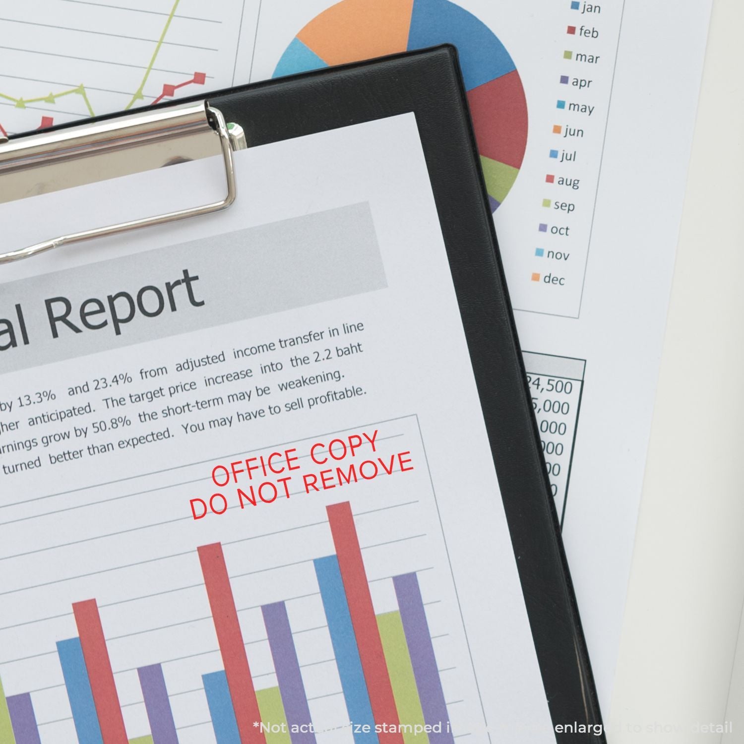 Close-up of annual financial report with charts and spreadsheet on clipboard, office copydo not remove.