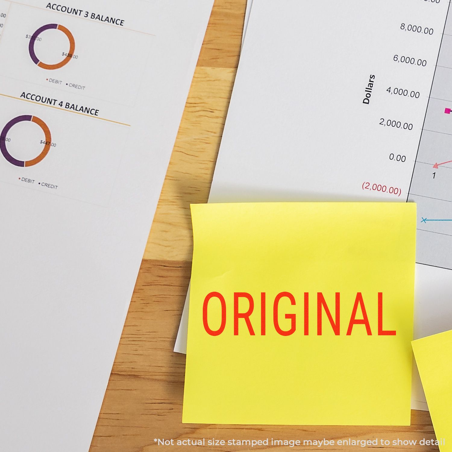 Yellow sticky note labeled ORIGINAL on financial report charts and balance graphs, business document concept on a wooden desk.