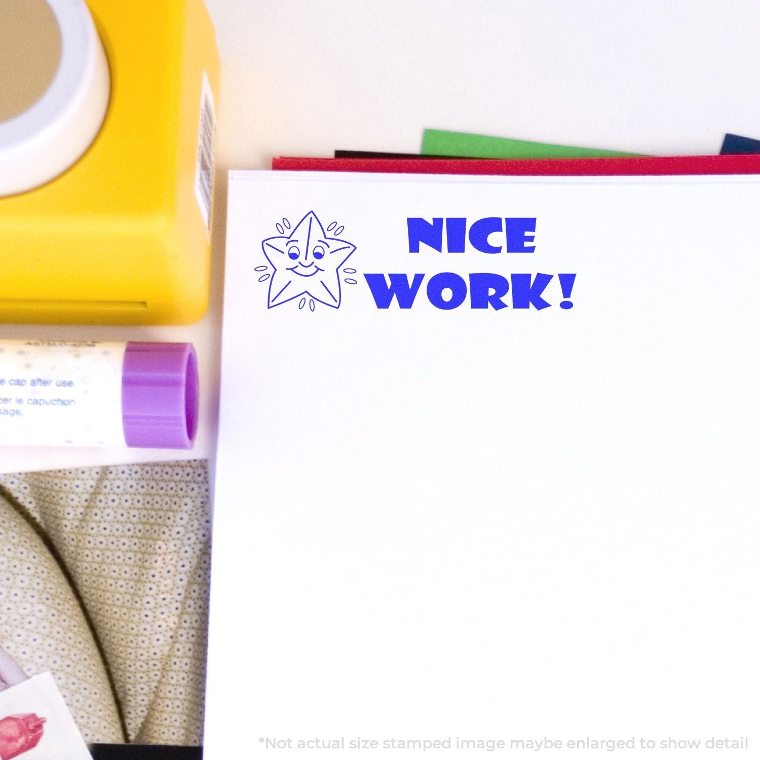 Colorful Nice Work! greeting card with star illustration on stationery desk scene
