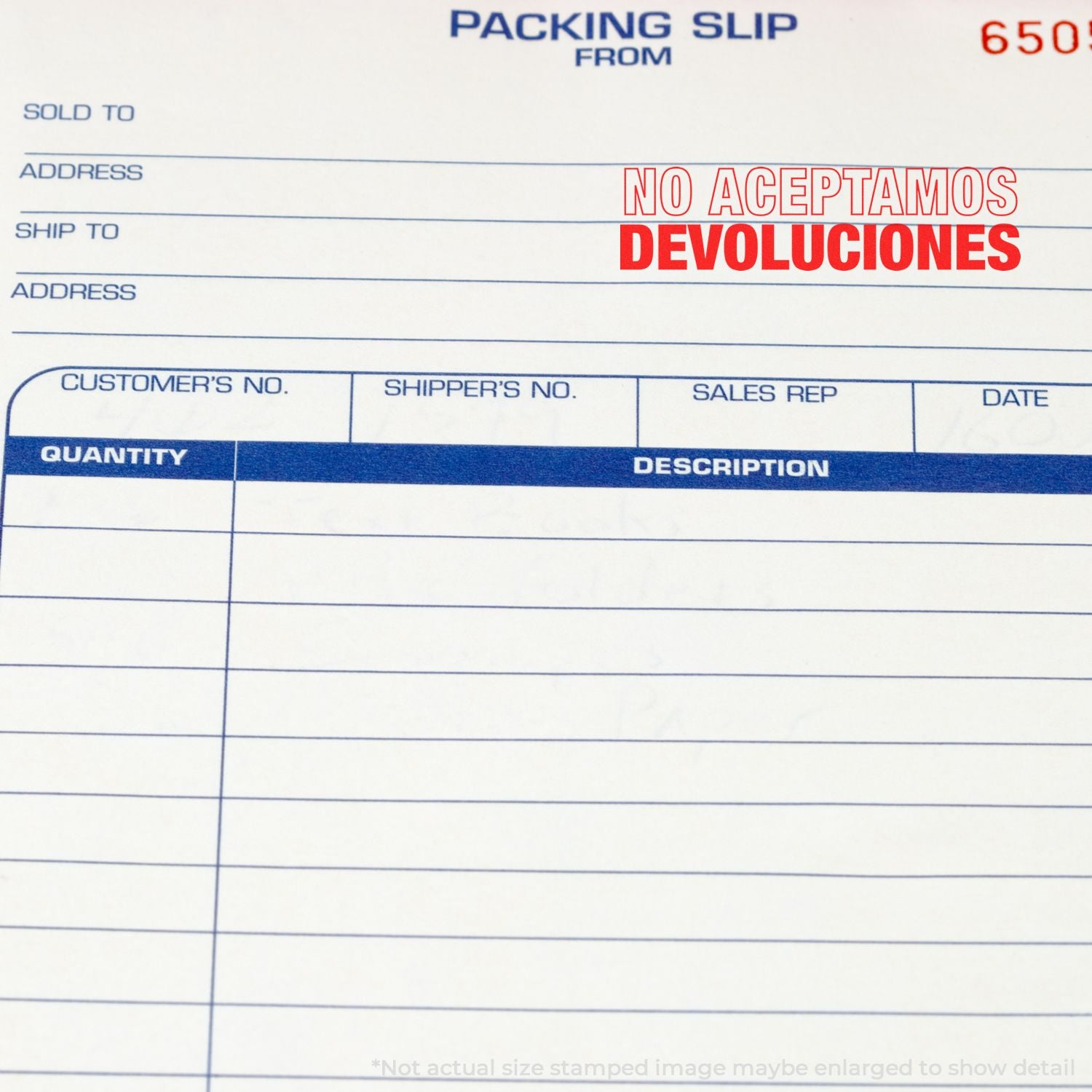 Packing slip document with notice 'NO ACEPTAMOS DEVOLUCIONES' indicating returns not accepted for shipped orders.