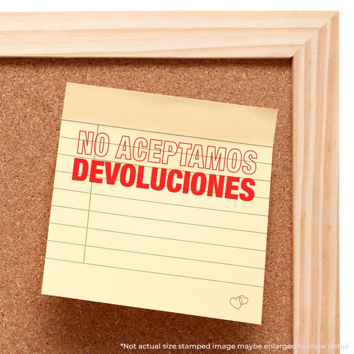 Call for returns policy note on corkboard reading No aceptamos devoluciones in Spanish, indicating no returns accepted.