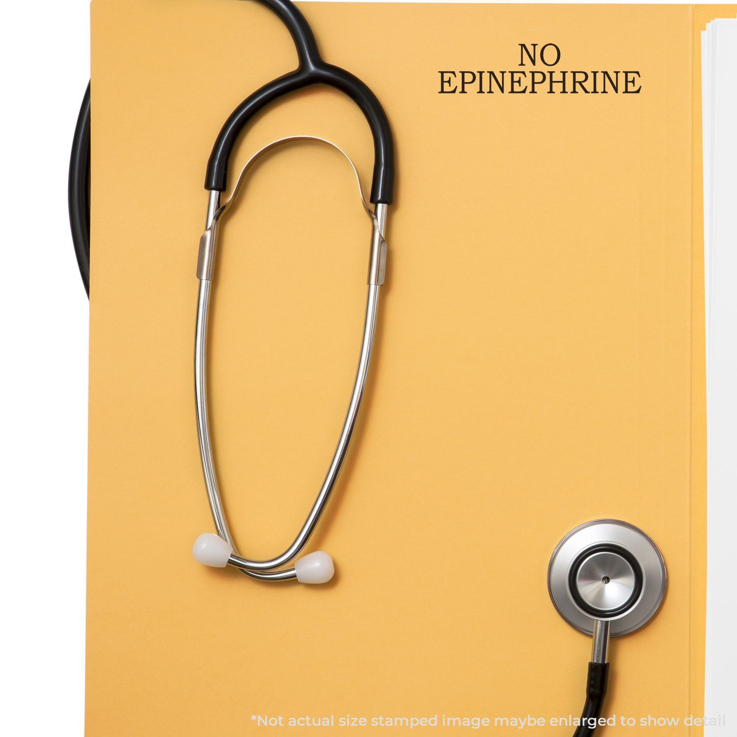 Medical stethoscope and 'No Epinephrine' warning sign on chart, highlighting epinephrine-free treatment instructions for emergency care.